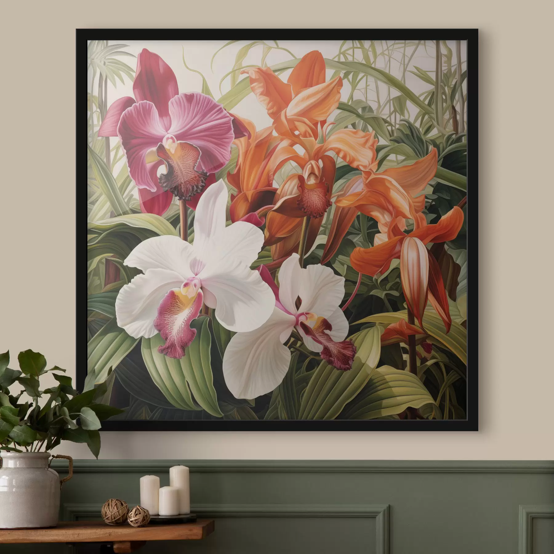 Wandbilder Ein Strauß tropischer Blumen, Orchideen mit grünem Laub im Hintergrund f48386