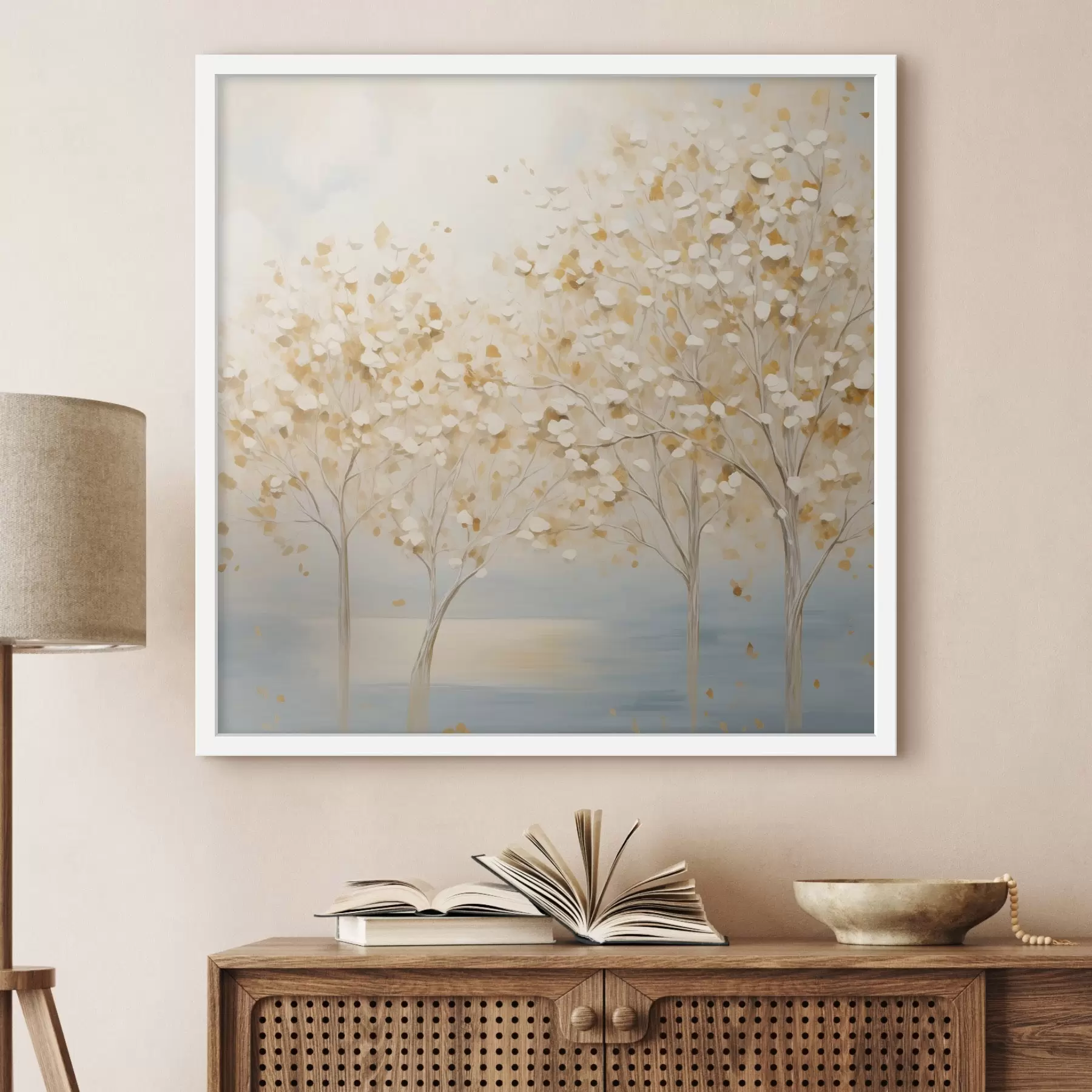 Fototapete Ein strukturierter Malstil, der Bäume mit weißen und gelben Blättern vor einem hellblauen Hintergrund zeigt f48392