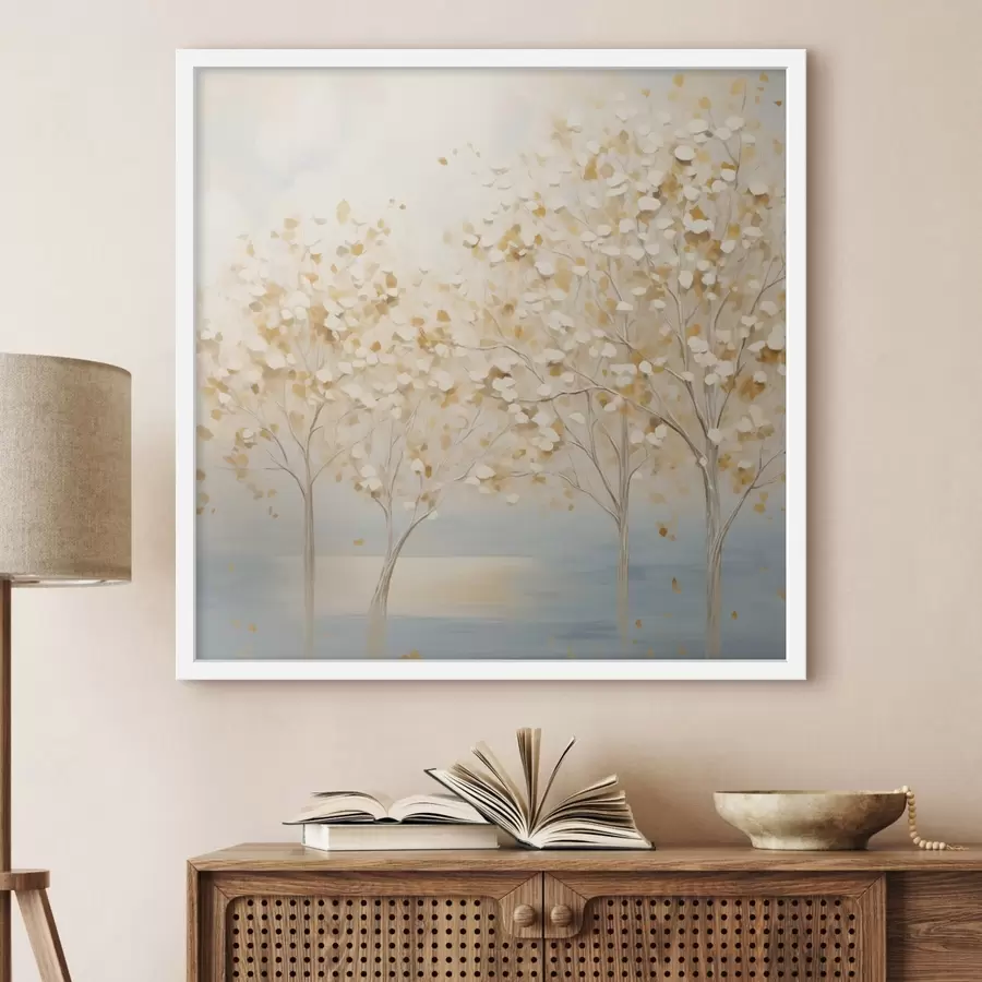 Fototapete Ein strukturierter Malstil, der Bäume mit weißen und gelben Blättern vor einem hellblauen Hintergrund zeigt f48392