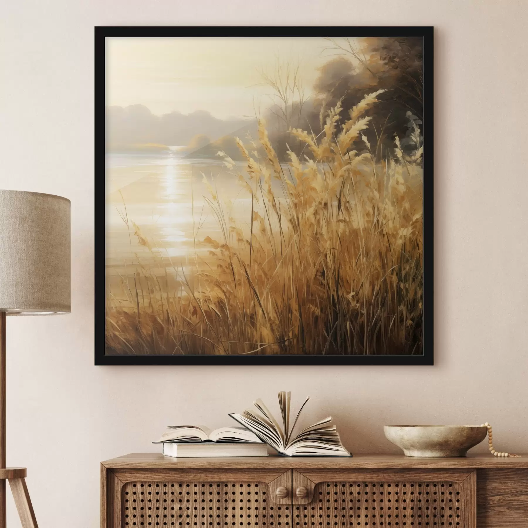 Fototapete Im Vordergrund hohes, trockenes Gras mit Ährchen, im Hintergrund ein See und Bäume f48393