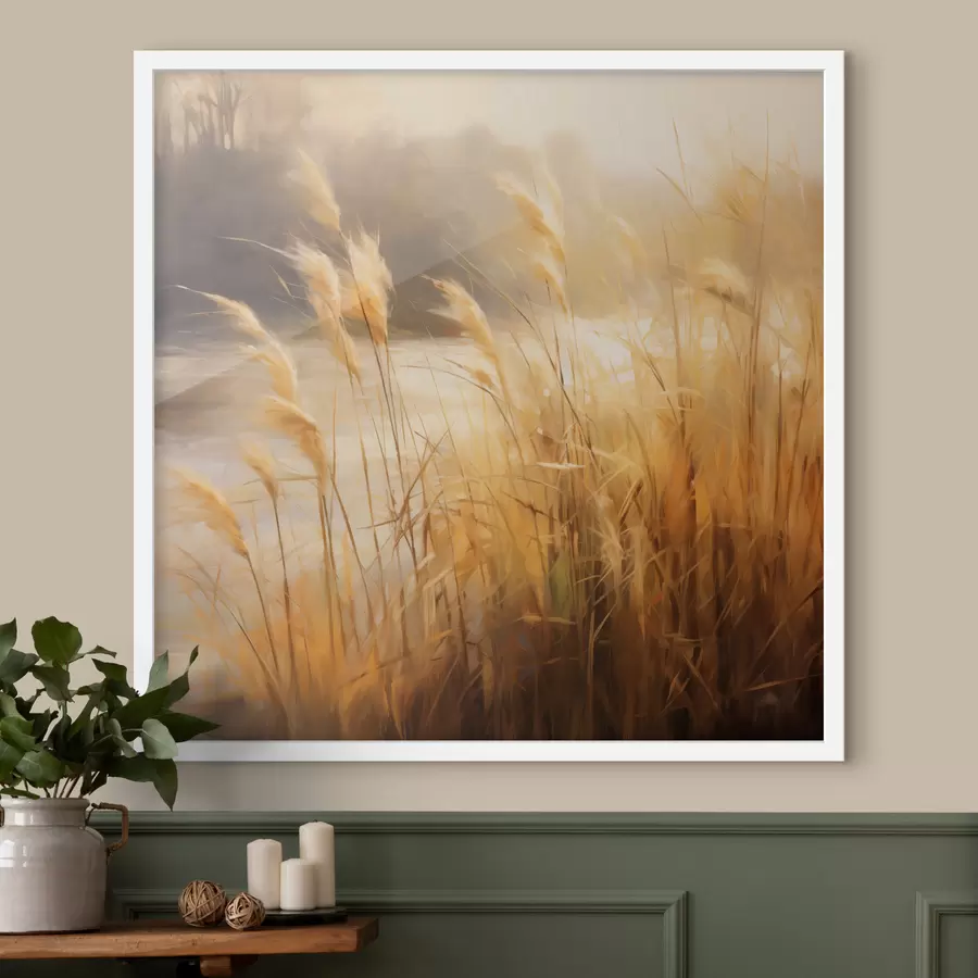 Fototapete Im Vordergrund hohes, trockenes Gras mit Ährchen, im Hintergrund ein See und Bäume f48394