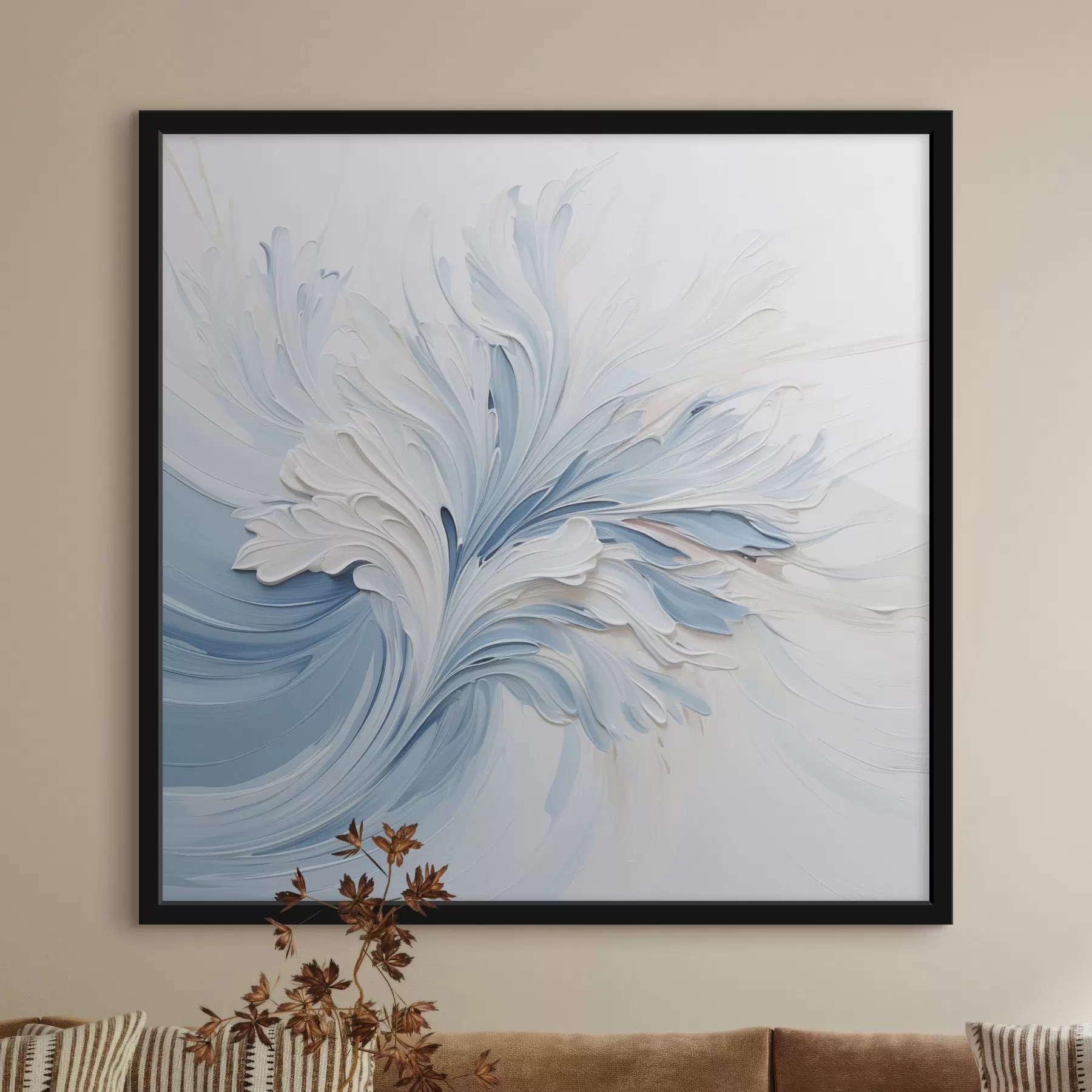 Fototapete Ein abstraktes Blumenmuster in Weiß und Hellblau mit strukturierten Blütenblättern und geschwungenen Linien f48395