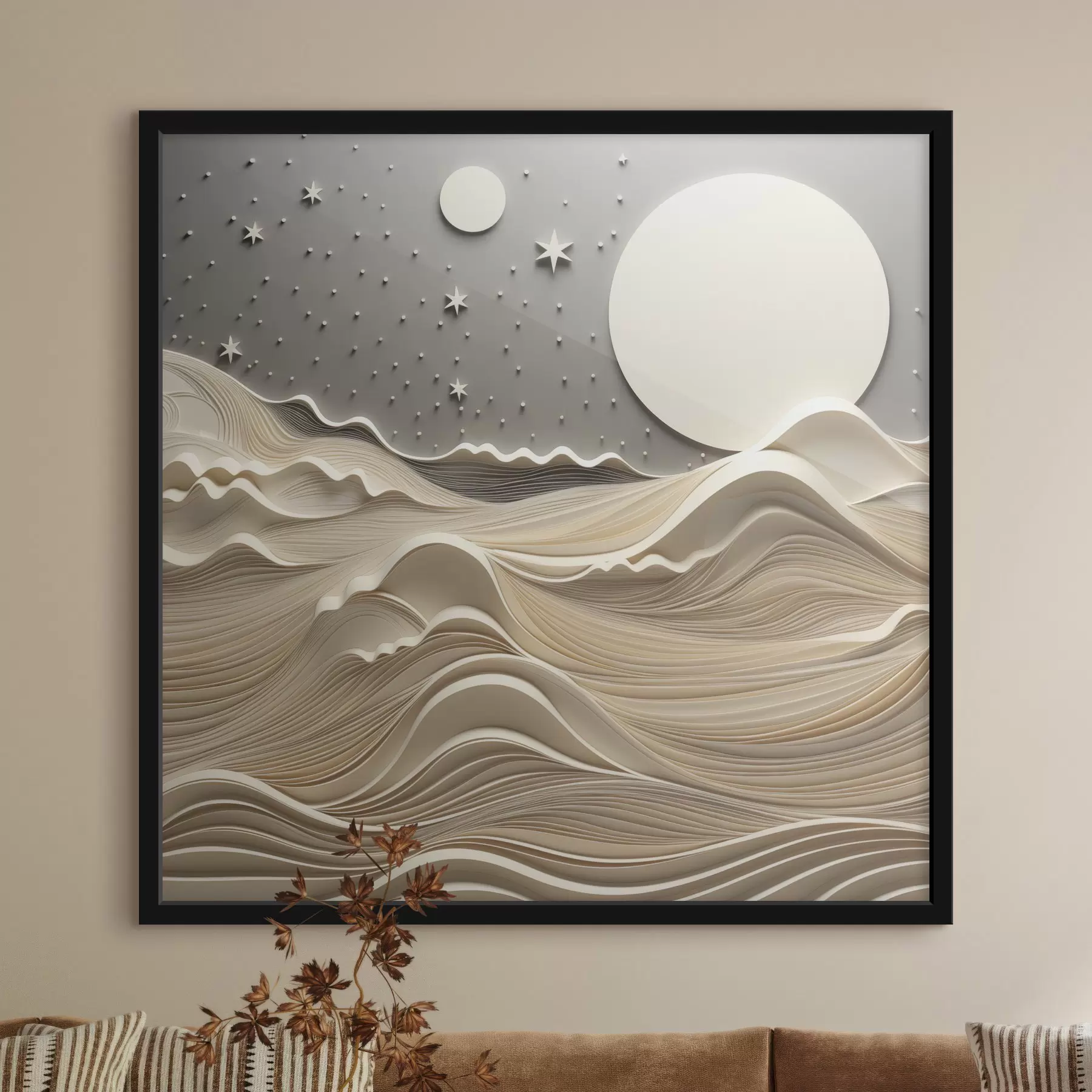 Fototapete Eine minimalistisch stilisierte Landschaft mit sanften Hügeln und einem großen Mond am Sternenhimmel, abstrakte Kunst f48401