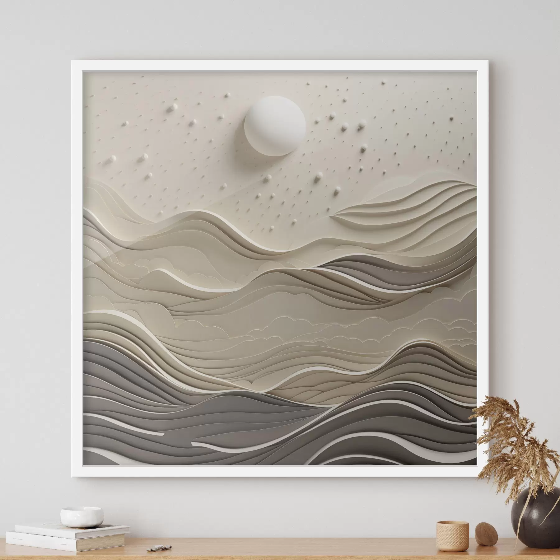 Fototapete Eine minimalistisch stilisierte Landschaft mit sanften Hügeln und einem großen Mond am Sternenhimmel, abstrakte Kunst f48402