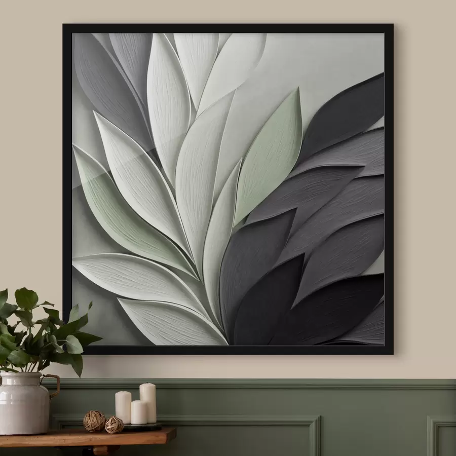 Fototapete Abstrakte, stilisierte Blätter in Grau-, Weiß- und gedämpften Grüntönen f48411