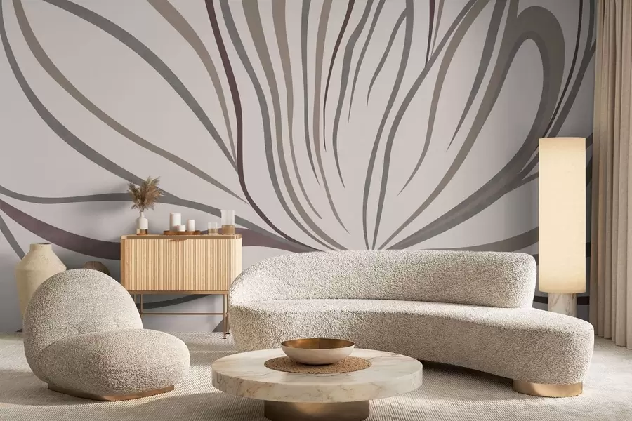 Fototapete Abstrakte Blume mit Linien in Grau- und Rosatönen w05392