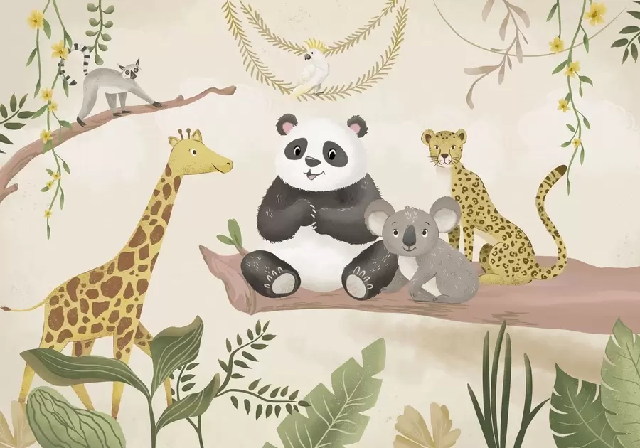 Fototapete Niedliche Dschungeltiere auf einem Ast inmitten von Pflanzen w05393