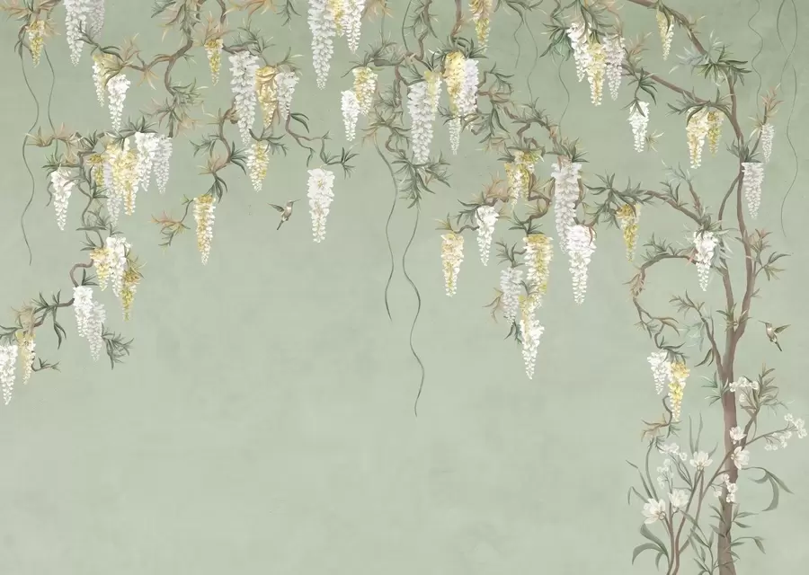 Fototapete Blühende Zweige mit weißen Blüten und Vögeln auf grünem Hintergrund w05394