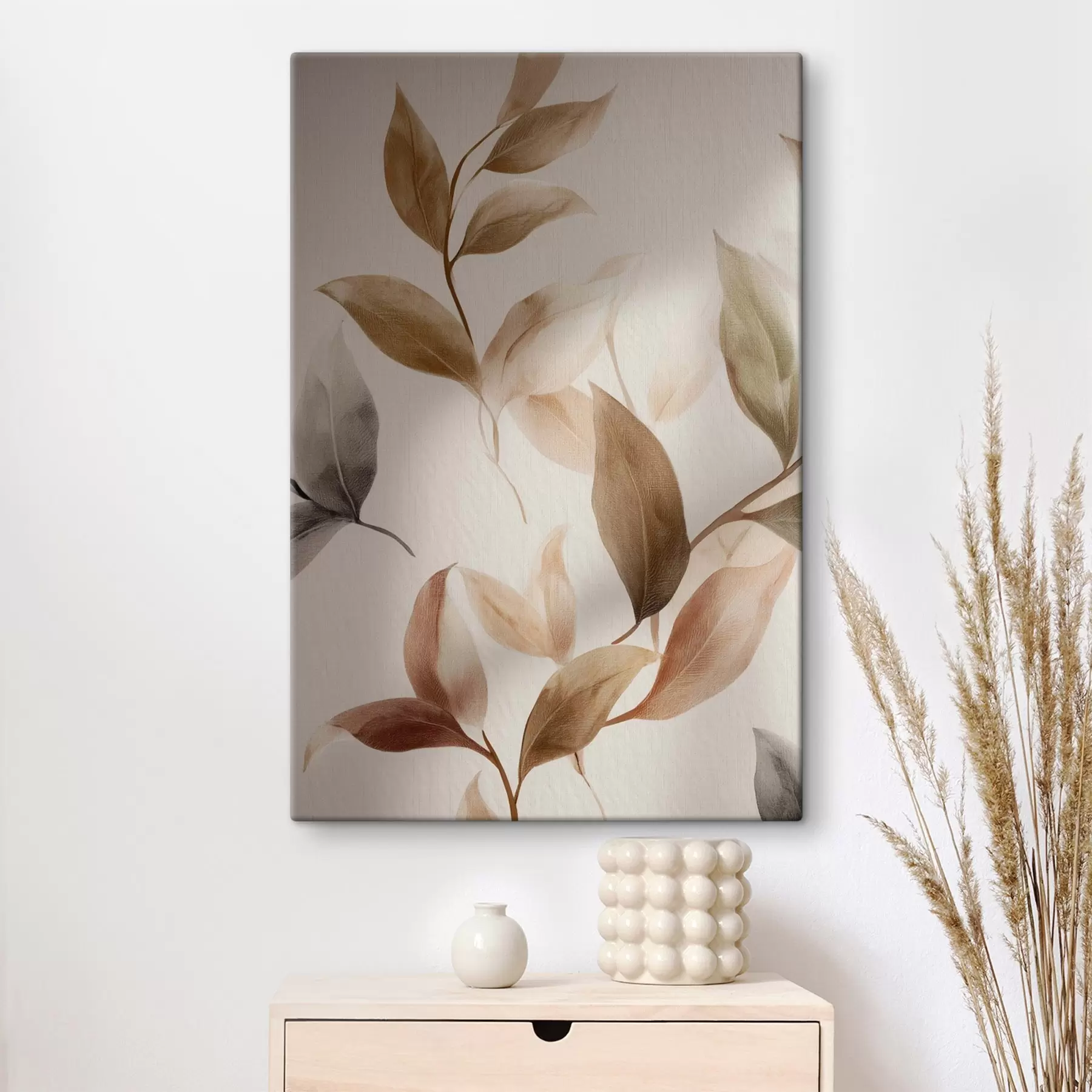 Wandbilder Malerei mit Blättern, beigen Zweigen, Minimalismus, skandinavischer Stil s48479