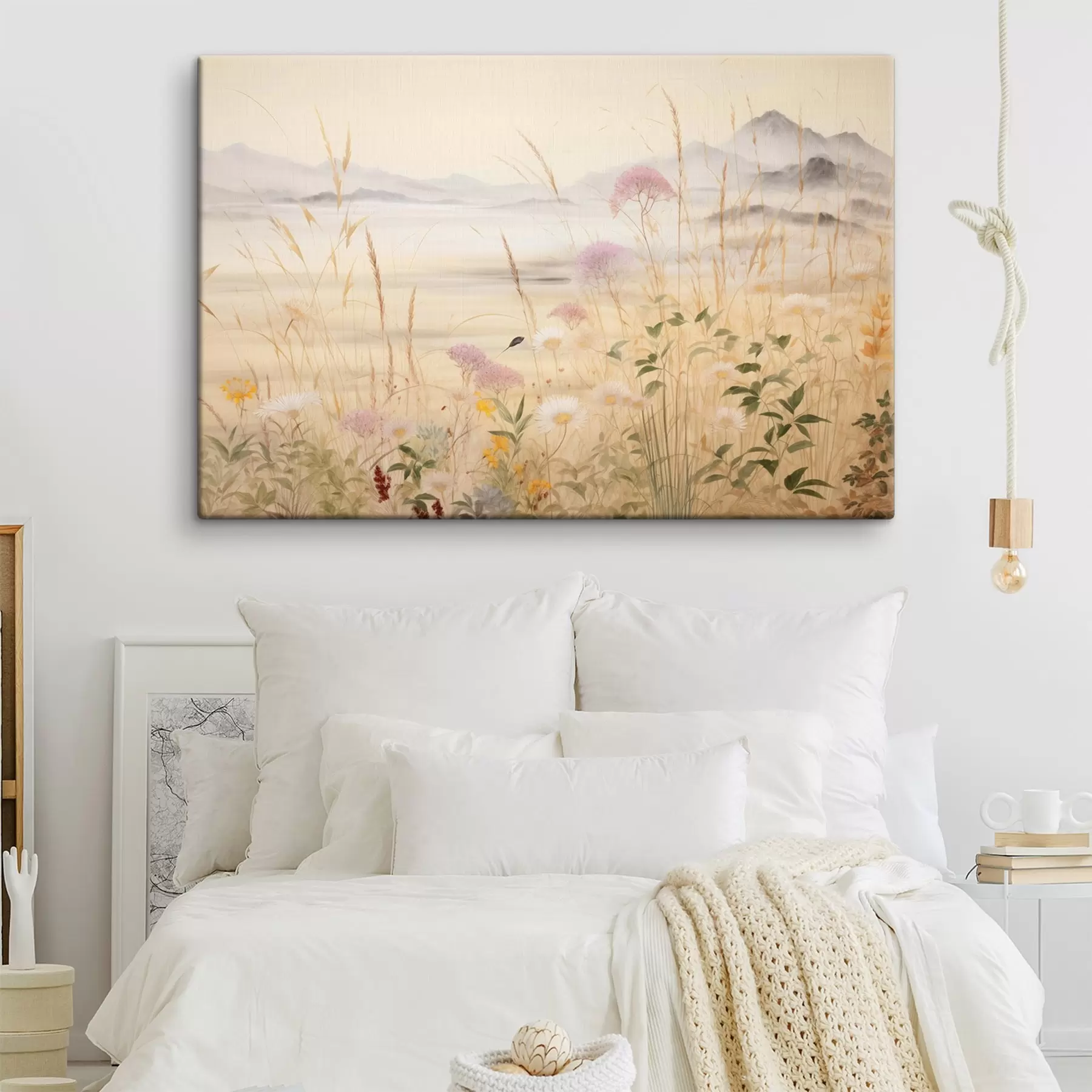 Fototapete Beiges Blumenfeld, Wiesengräser, zarte Landschaft s48480