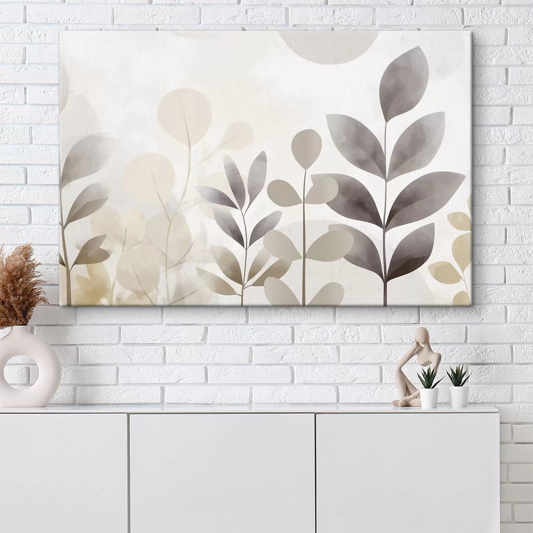 Wandbilder Beige- und graue Blatt-Silhouetten, Minimalismus s48487