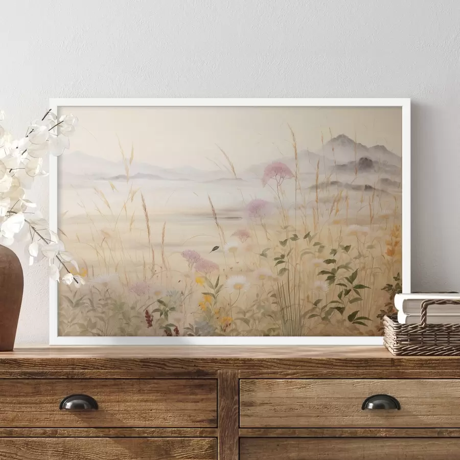 Fototapete Beiges Blumenfeld, Wiesengräser, zarte Landschaft f48480