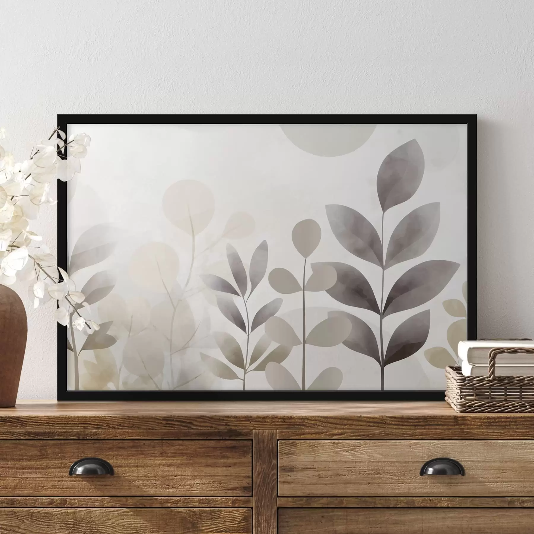 Fototapete Beige- und graue Blatt-Silhouetten, Minimalismus f48487