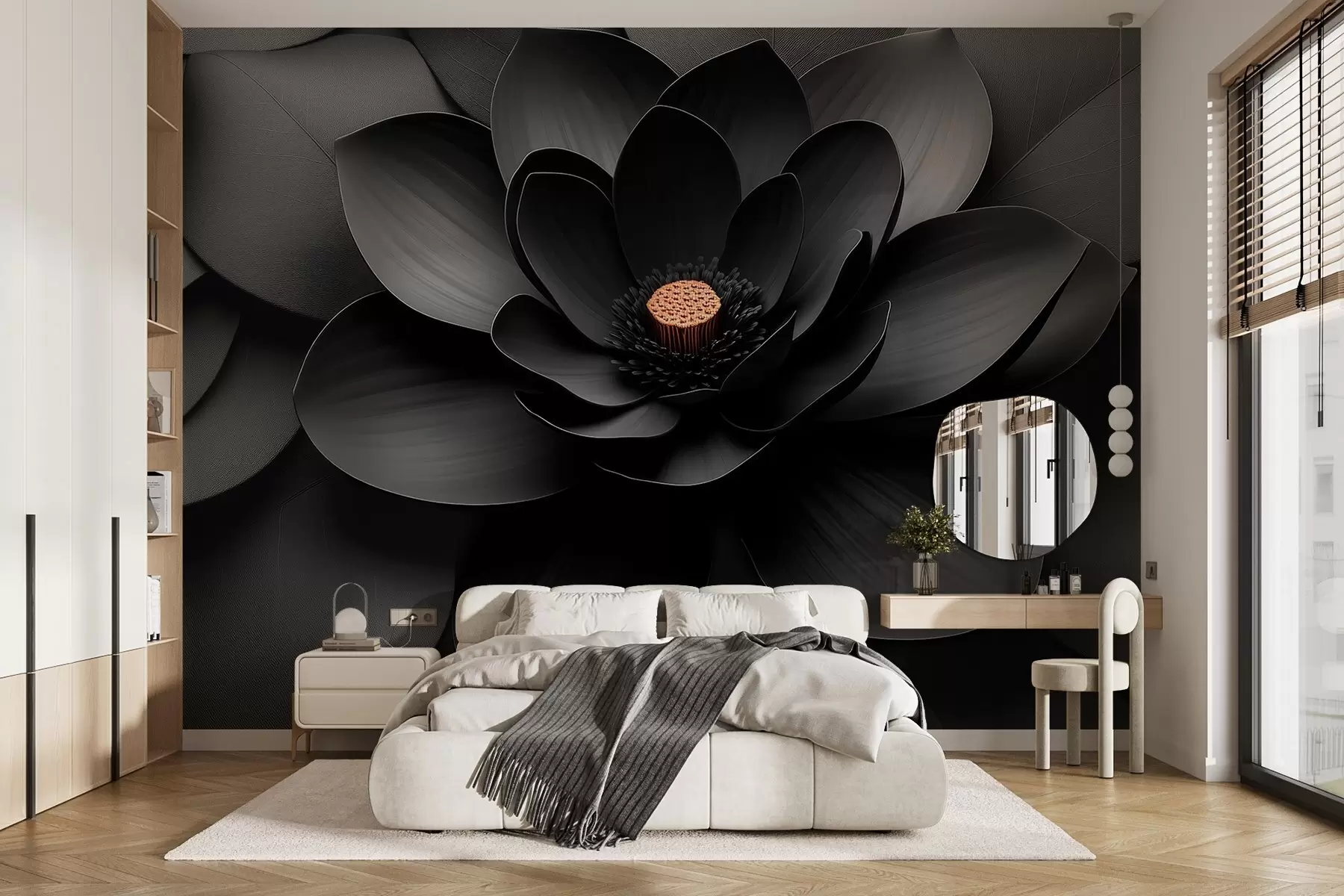 Fototapete Minimalistische schwarze Blume mit Blütenblättern und einem kontrastierenden, warmen Blütenkern w09721