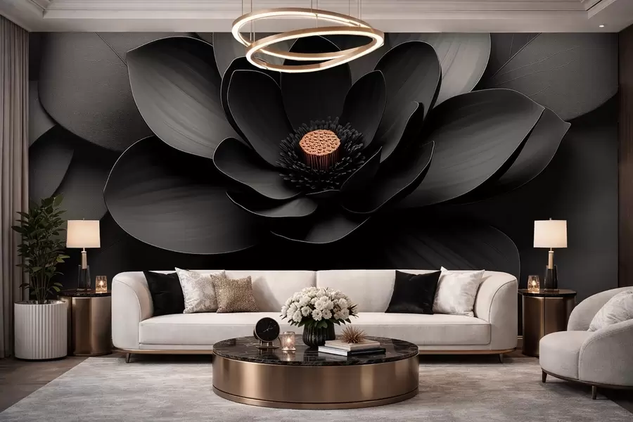 Fototapete Minimalistische schwarze Blume mit Blütenblättern und einem kontrastierenden, warmen Blütenkern w09721