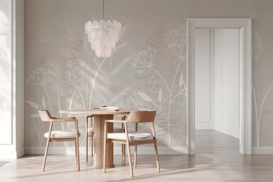 Fototapete zarte, handgemalte Wildgräser und Blumen vor einem beigen Hintergrund w05383v1