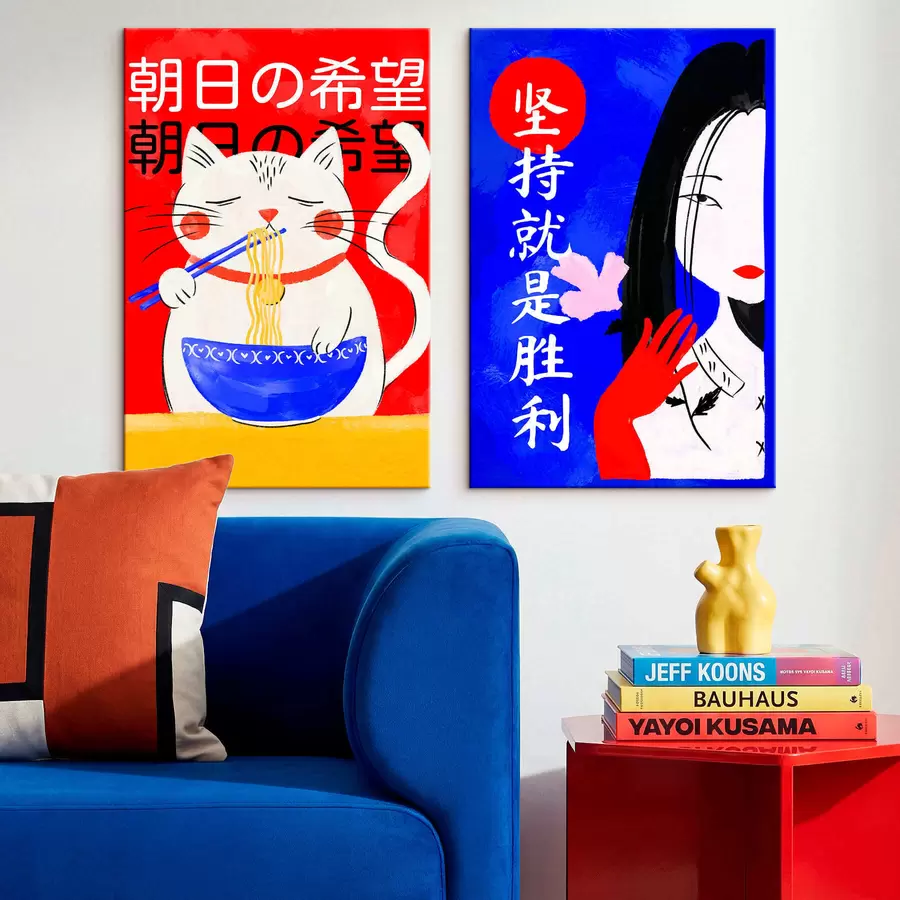 Wandbilder Zweiteiliges Bild mit einer Katze und einem Frauenporträt im kühnen Stil m30233