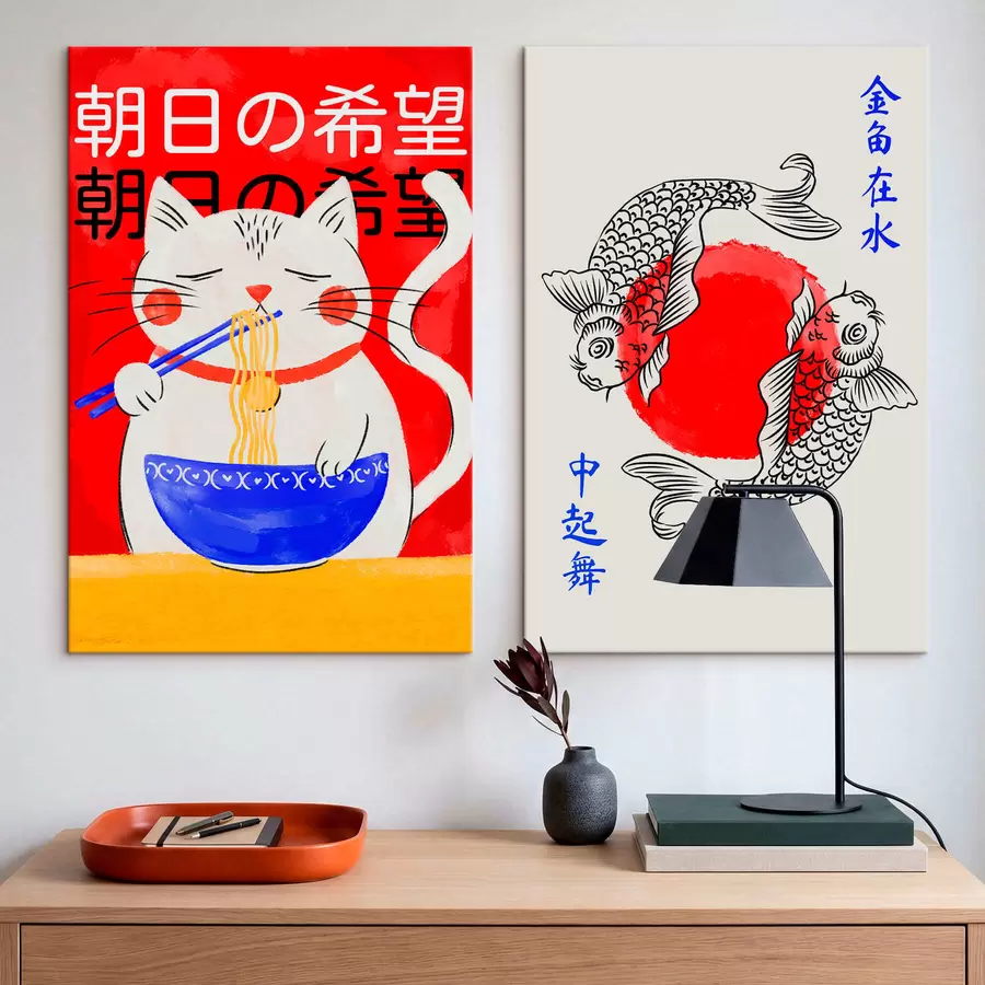 Wandbilder Zweiteiliges Bild mit Frauenporträt und dekorativen Fischen m30234