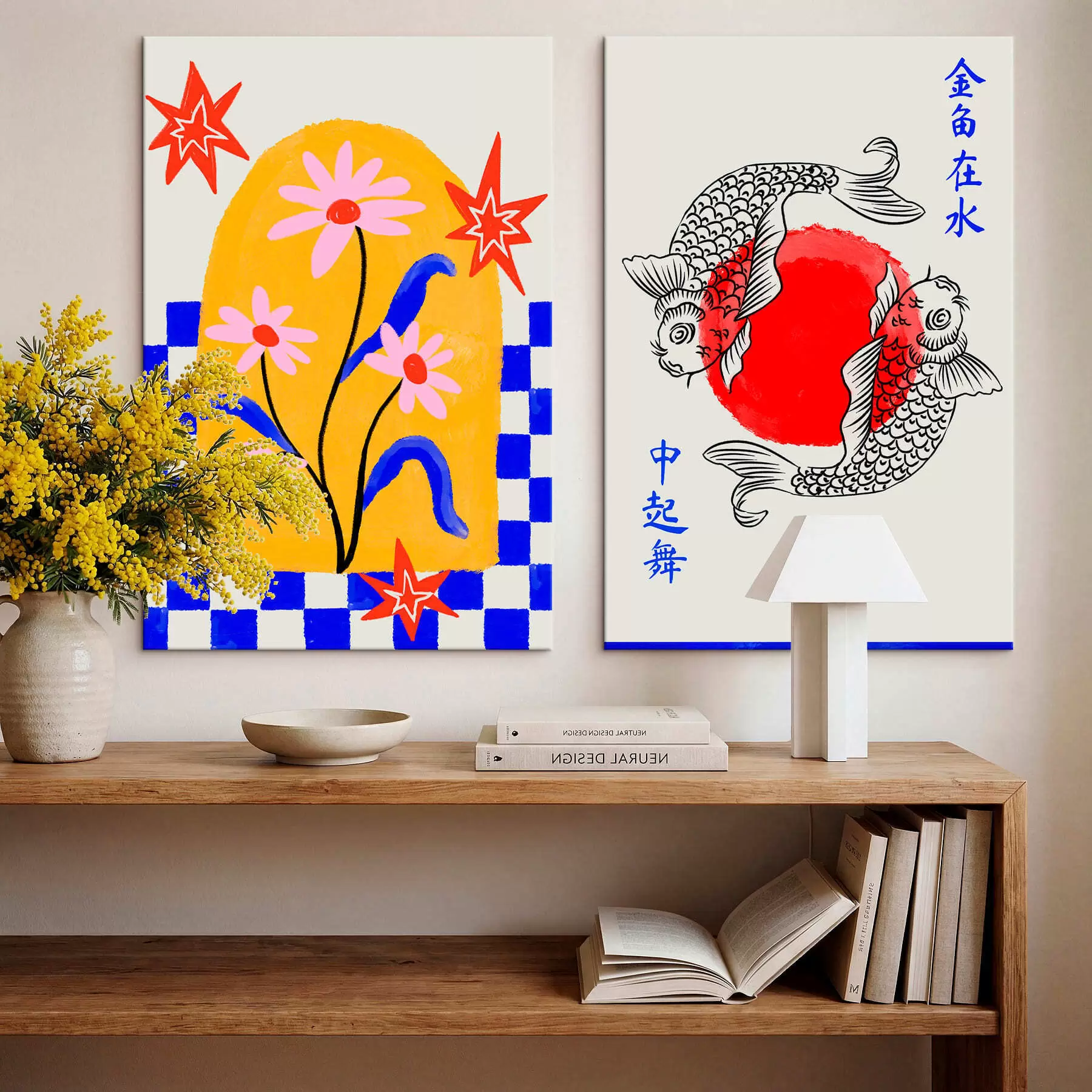 Wandbilder Zweiteiliges Bild mit einer Katze und zwei Fischen in Rot- und Weißtönen m30235