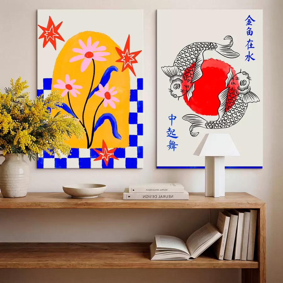 Wandbilder Zweiteiliges Bild mit einer Katze und zwei Fischen in Rot- und Weißtönen m30235