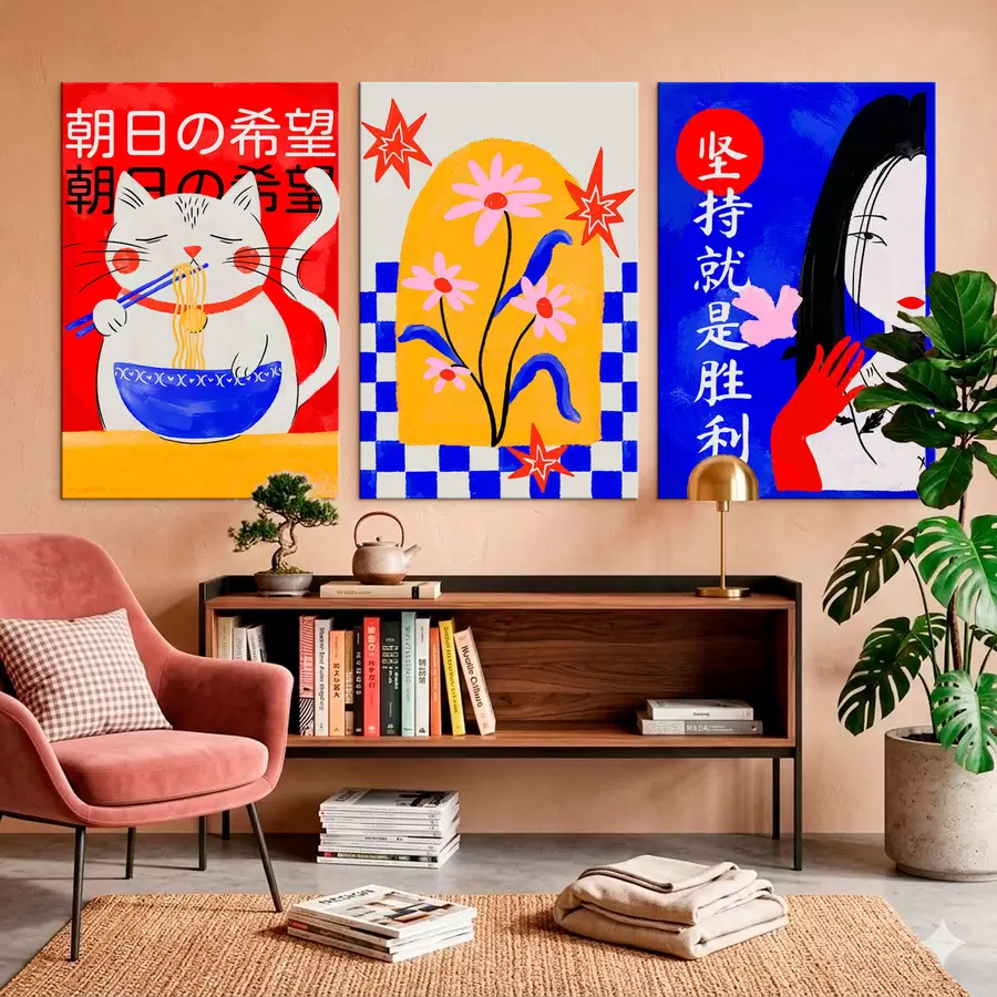 Wandbilder Dreiteiliges Bild mit Katze, Fisch und Frauenporträt m30240