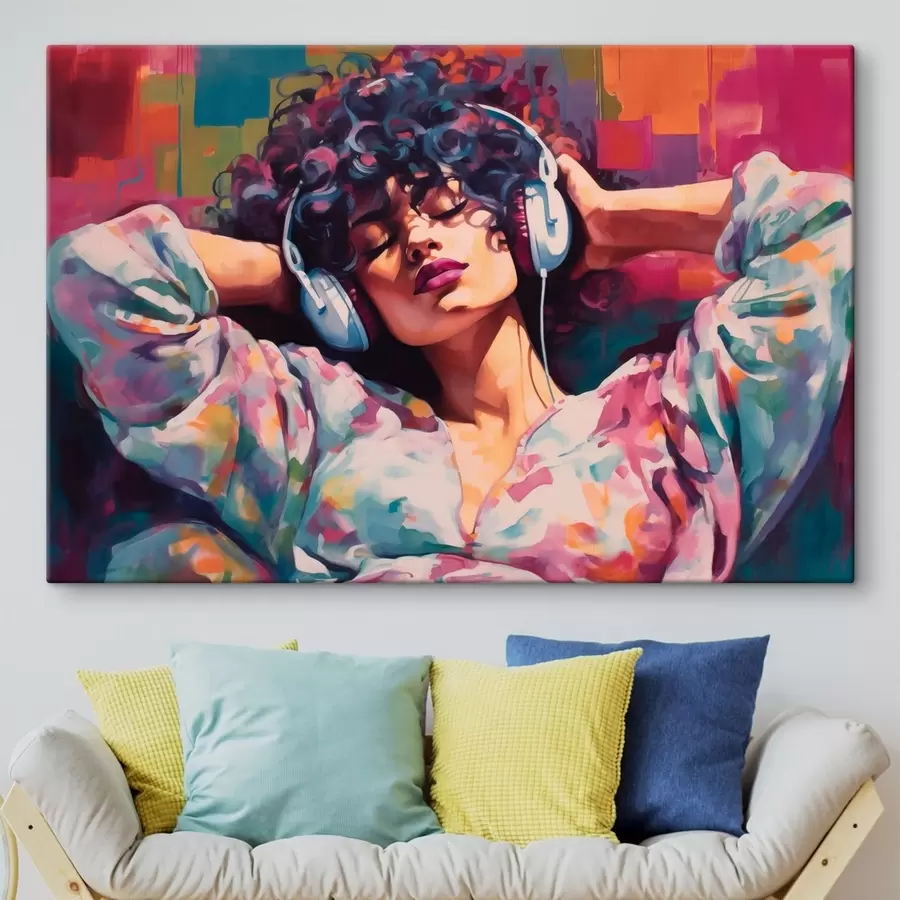 Wandbilder Frau mit Kopfhörern im farbenfrohen Malstil s48335