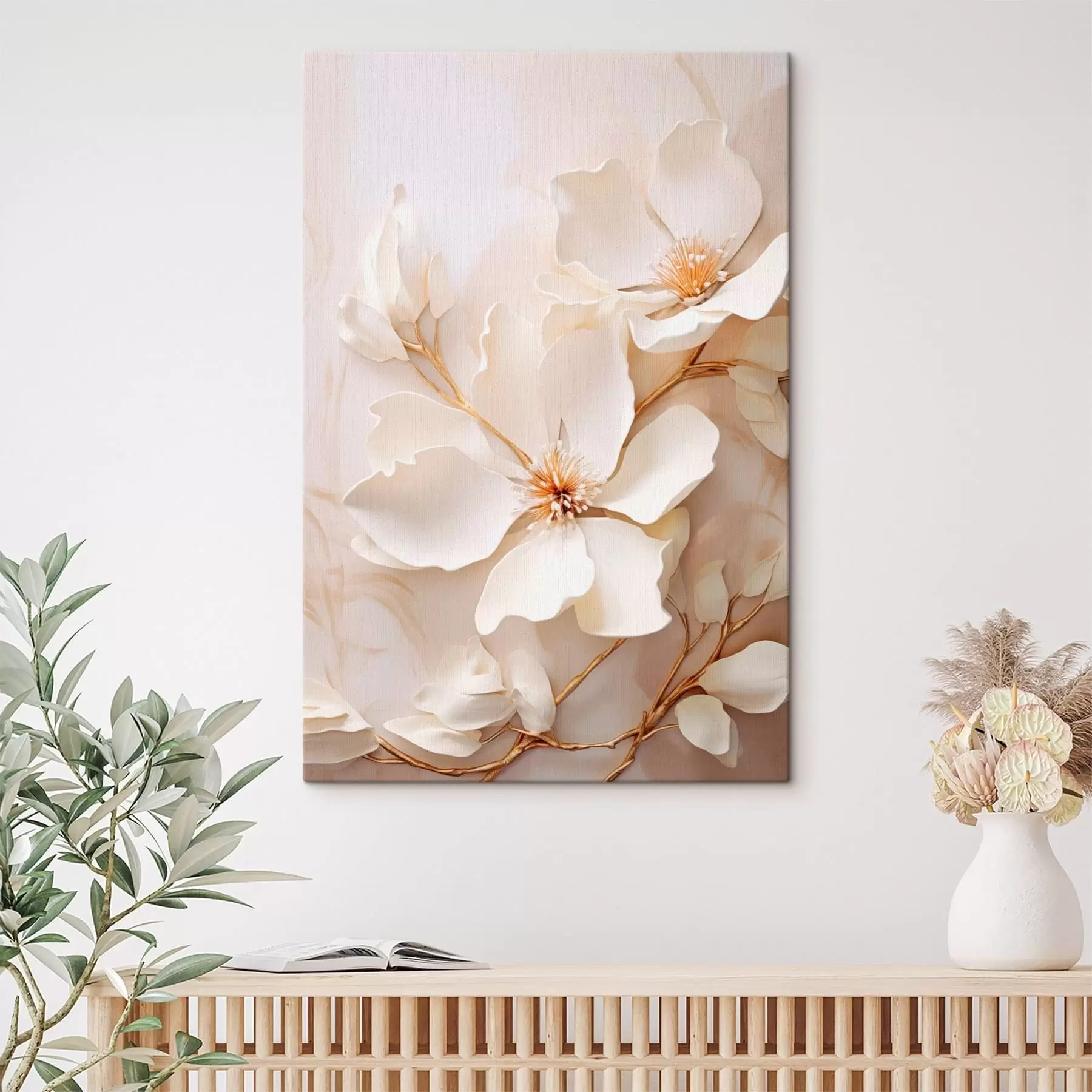 Wandbilder Helle Blumen mit zarten Zweigen vor pastellfarbenem Hintergrund s48348