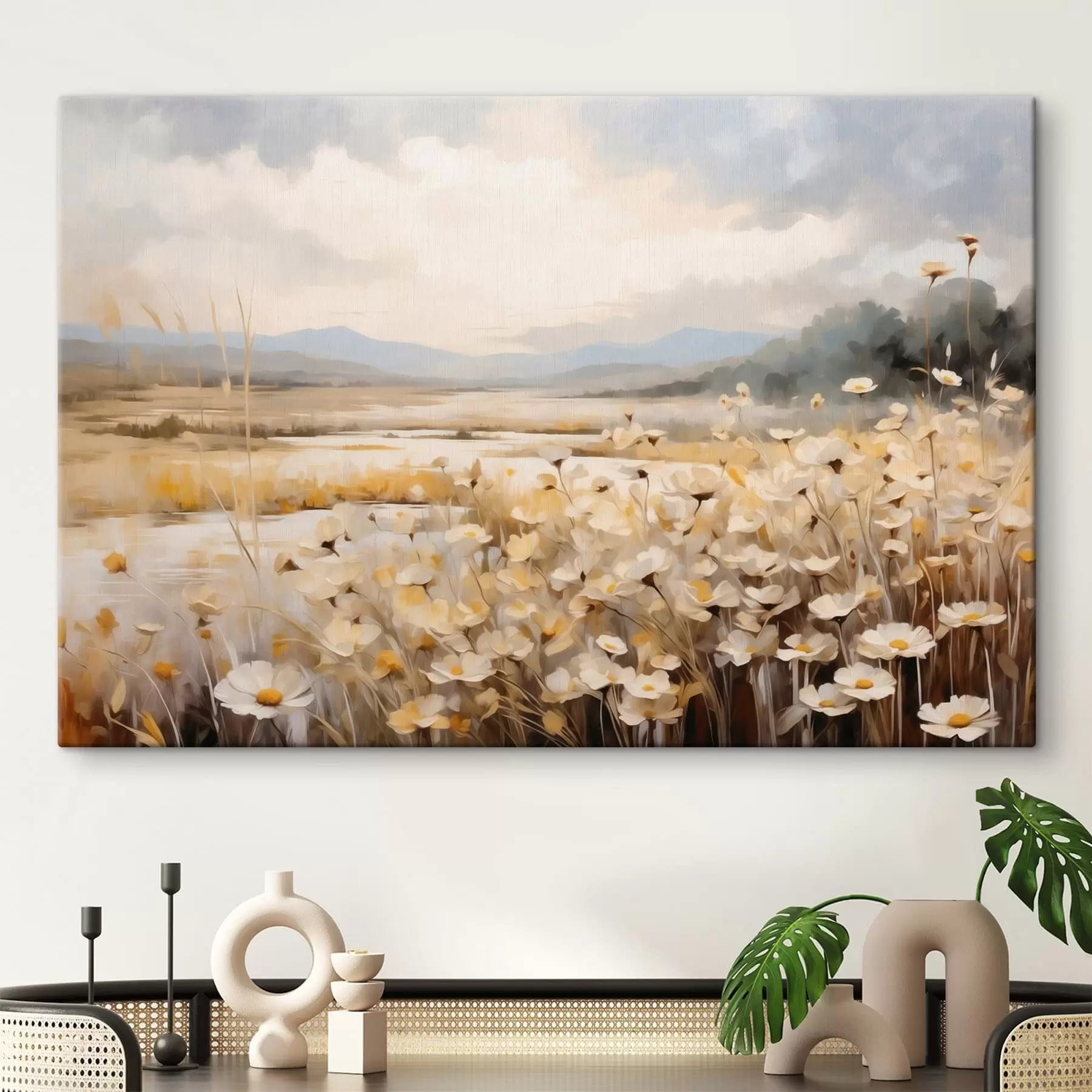 Wandbilder Wiesenblumen am Wasser in sanftem, malerischem Stil s48354