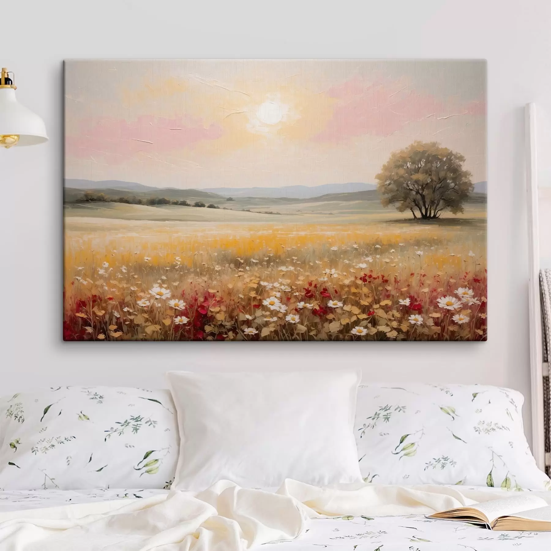 Wandbilder Landschaft mit Blumenfeld und Baum am Horizont s48355