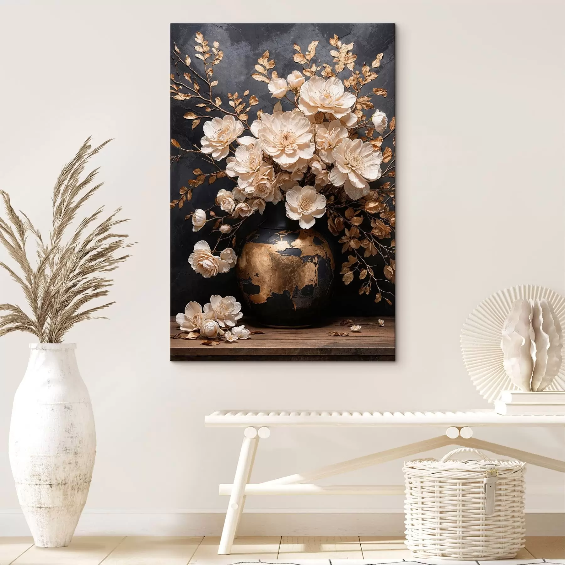 Wandbilder Helle Blumen in einer Vase mit dekorativen Blättern s48356