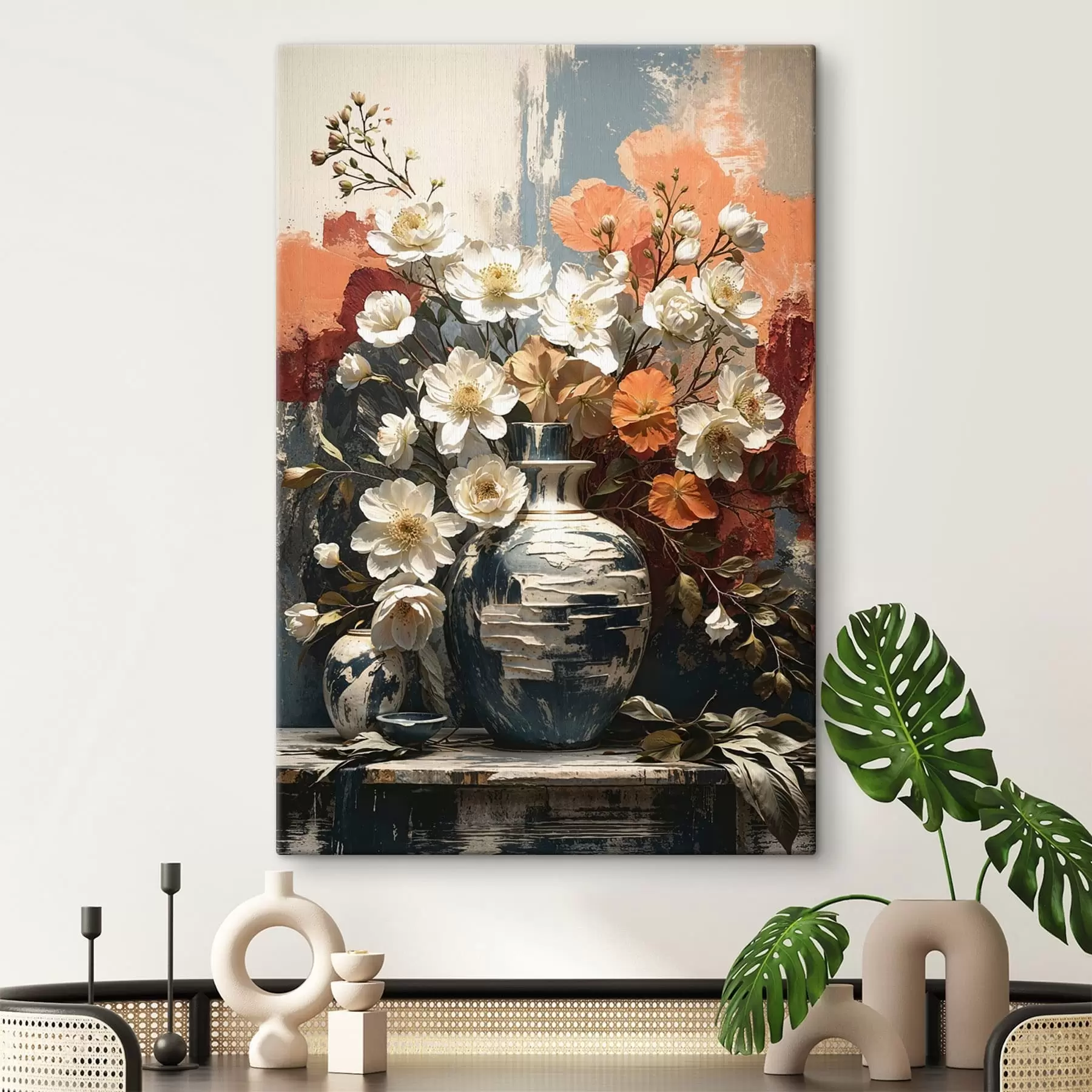 Wandbilder Blumen in Vasen vor einer strukturierten Wand s48360