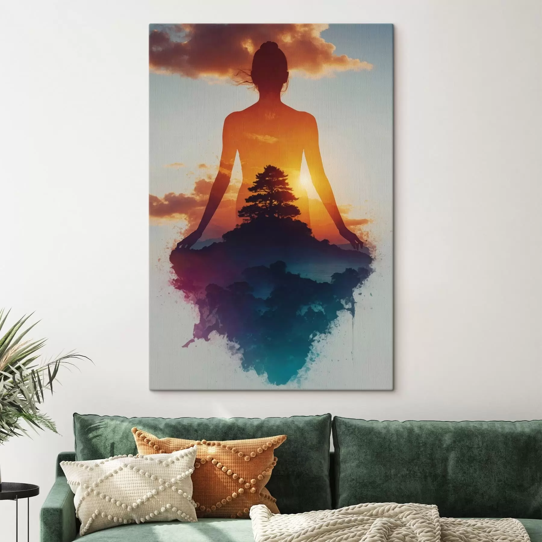 Wandbilder Menschliche Silhouette vor einer Landschaft bei Sonnenuntergang s48364