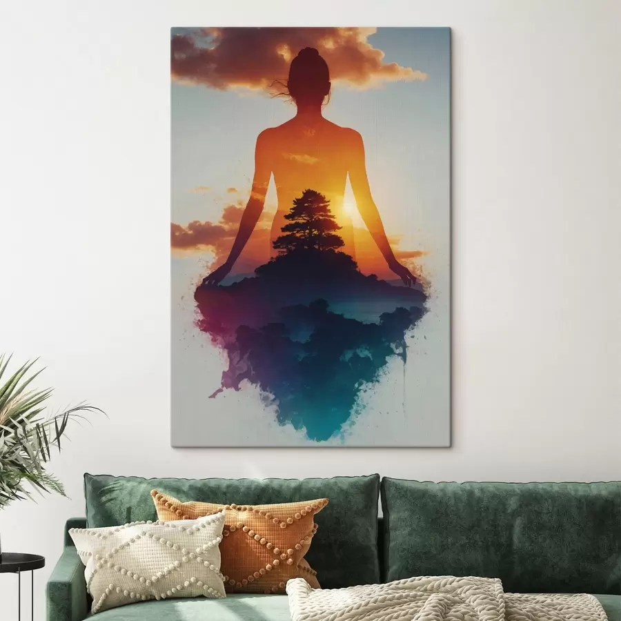 Wandbilder Menschliche Silhouette vor einer Landschaft bei Sonnenuntergang s48364