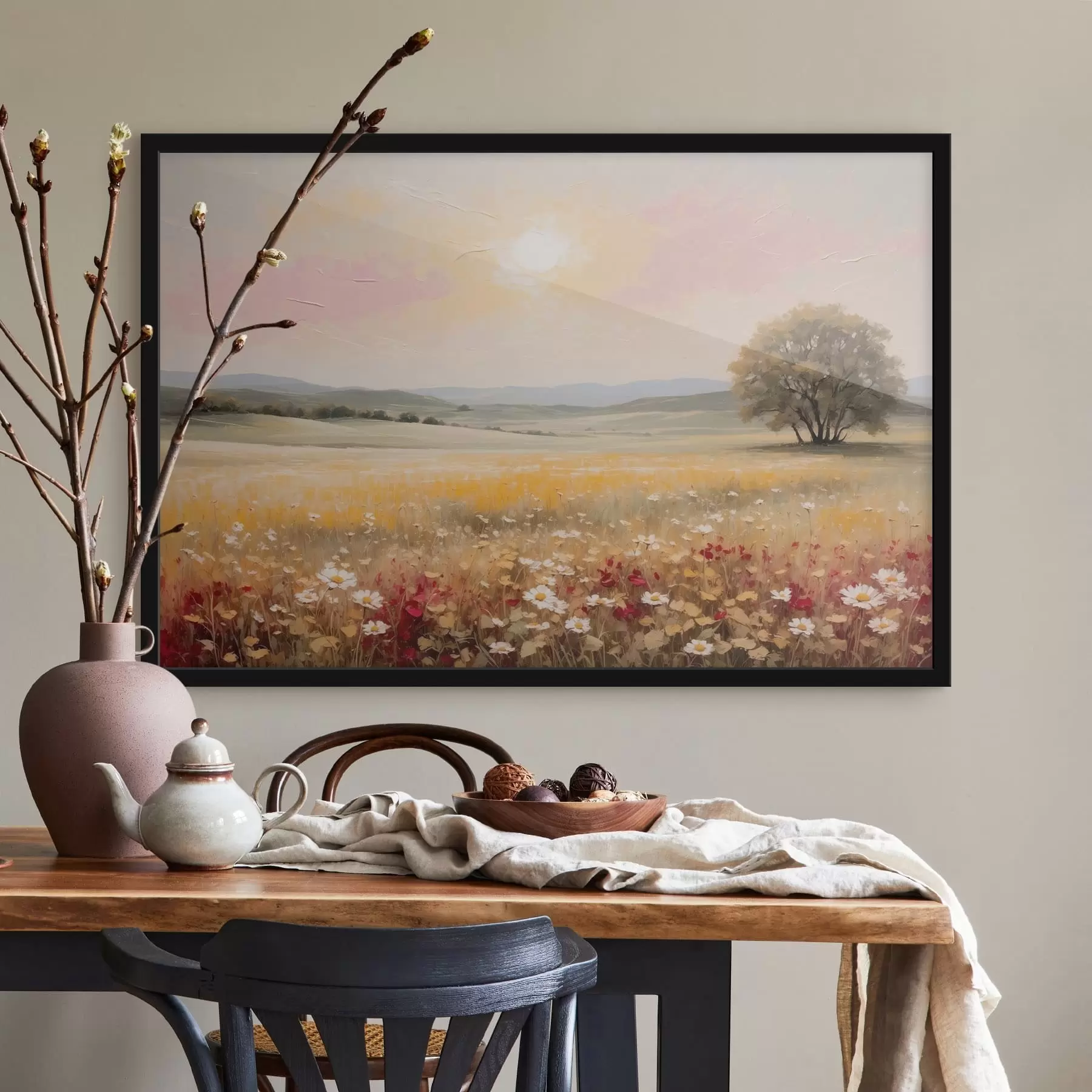 Fototapete Landschaft mit Blumenfeld und Baum am Horizont f48355