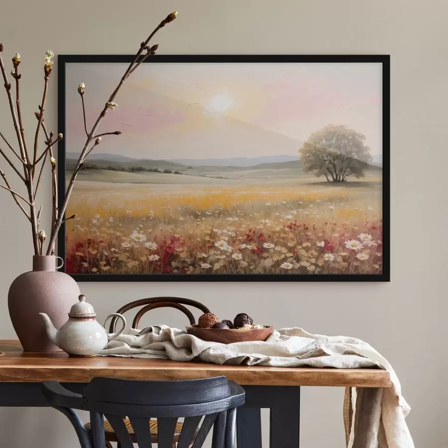 Fototapete Landschaft mit Blumenfeld und Baum am Horizont f48355