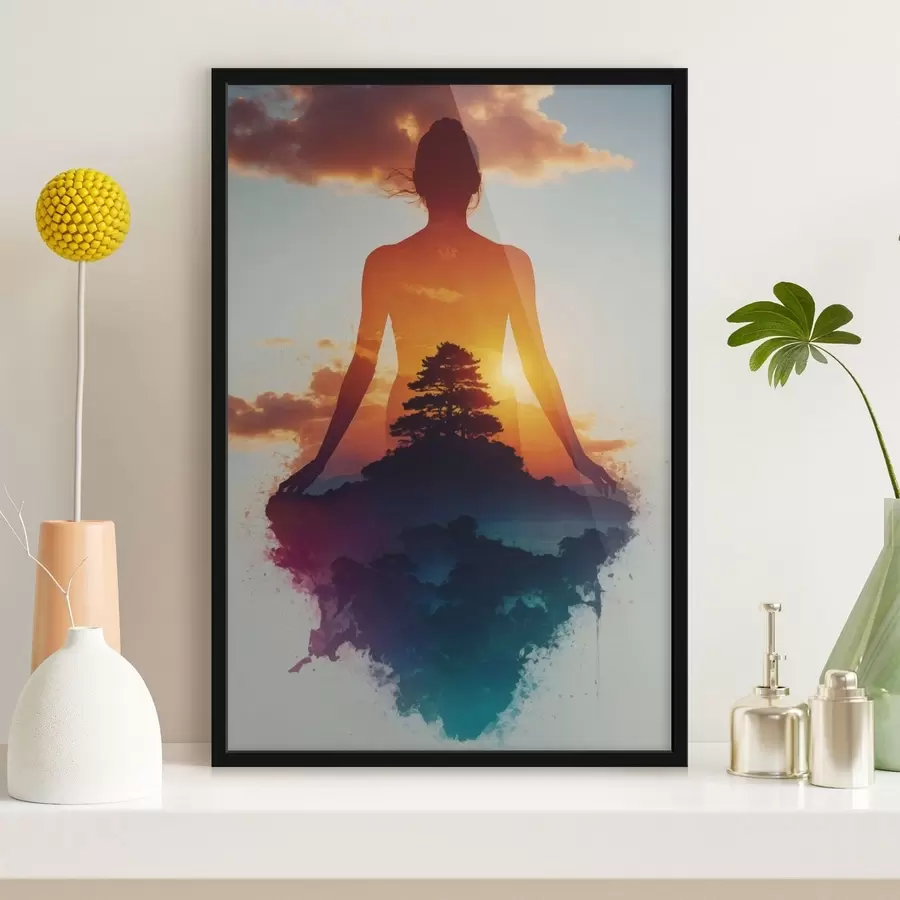 Fototapete Menschliche Silhouette vor einer Landschaft bei Sonnenuntergang f48364