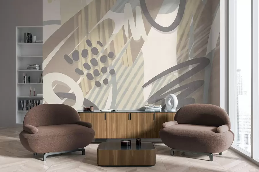 Fototapete Abstrakter Strukturdruck mit organischen Formen, Kritzeleien und Punkten in gedeckten Pastelltönen w09774