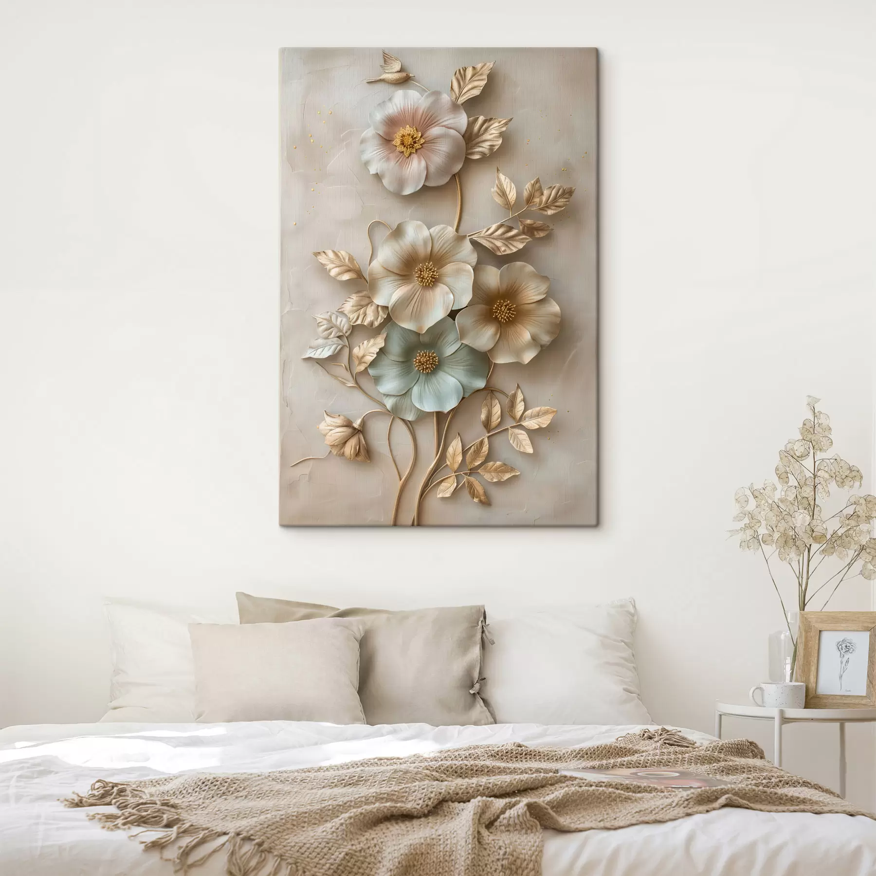 Wandbilder ein zartes, dekoratives Arrangement aus Blumen und Blattwerk s48528