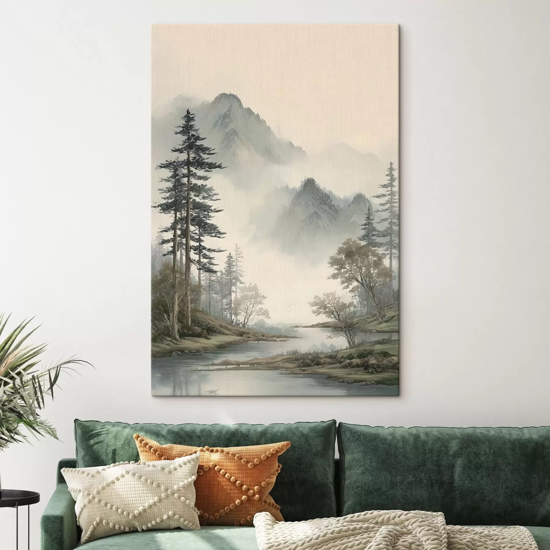 Wandbilder eine Berglandschaft mit Kiefern und einem Fluss s48531