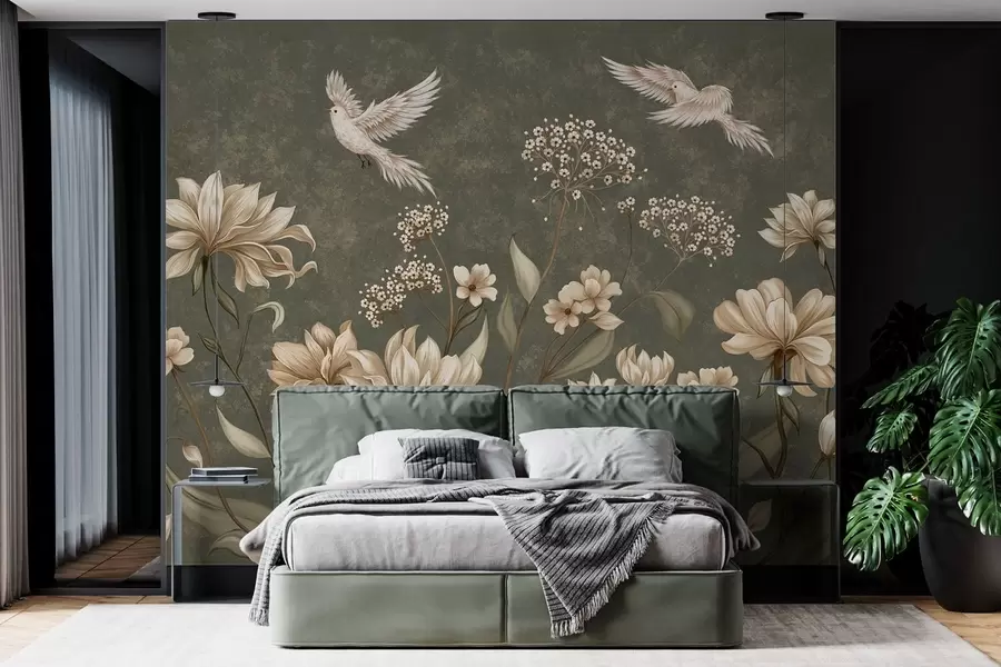 Fototapete Blumen und Vögel auf dunkelgrünem Hintergrund w05118v3
