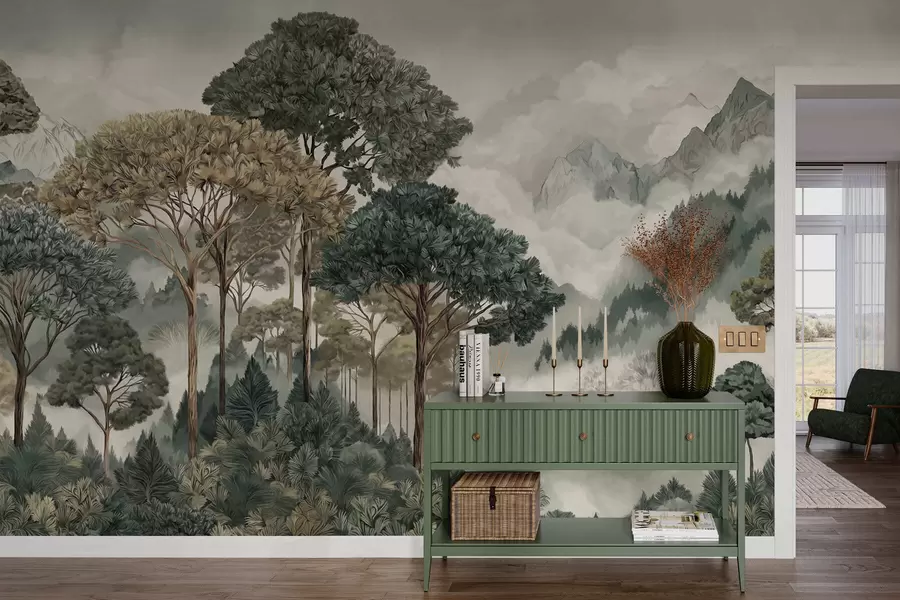 Fototapete Berglandschaft mit Wald in sanften Farbtönen w05410v1