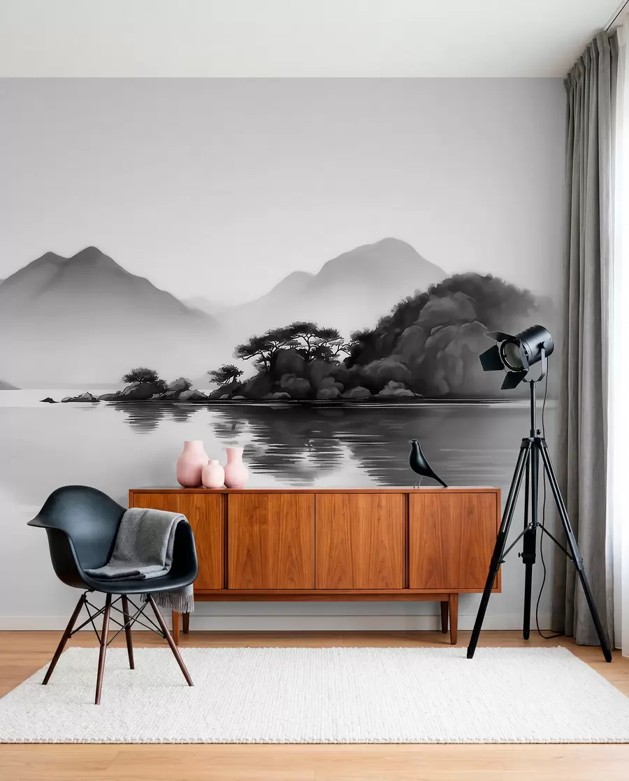Fototapete Schwarz-Weiß-Landschaft mit Bergen und einem See im sanften Nebel w09803
