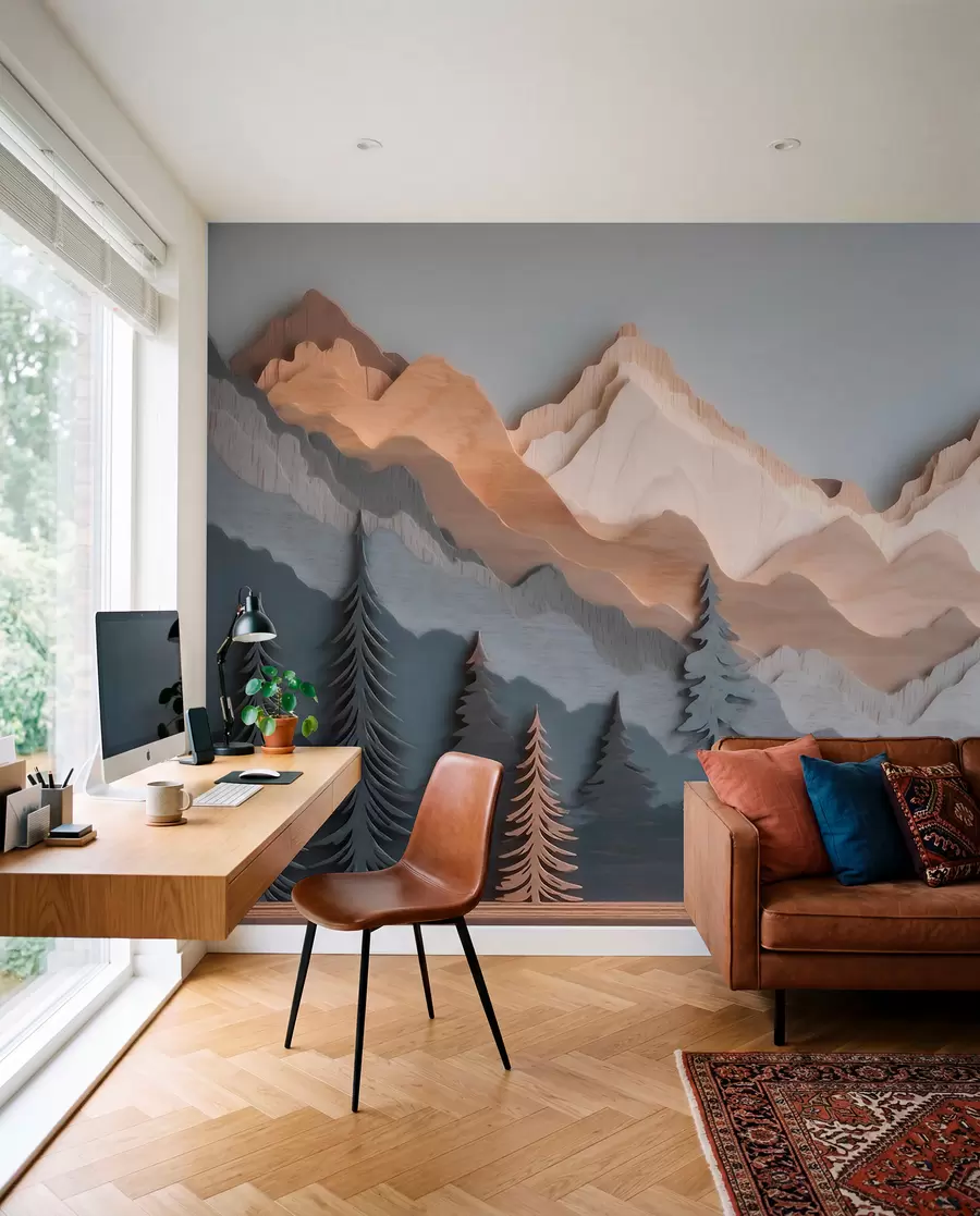Fototapete Naturlandschaft mit Kiefern und Bergen im Holzschnitzstil w09793