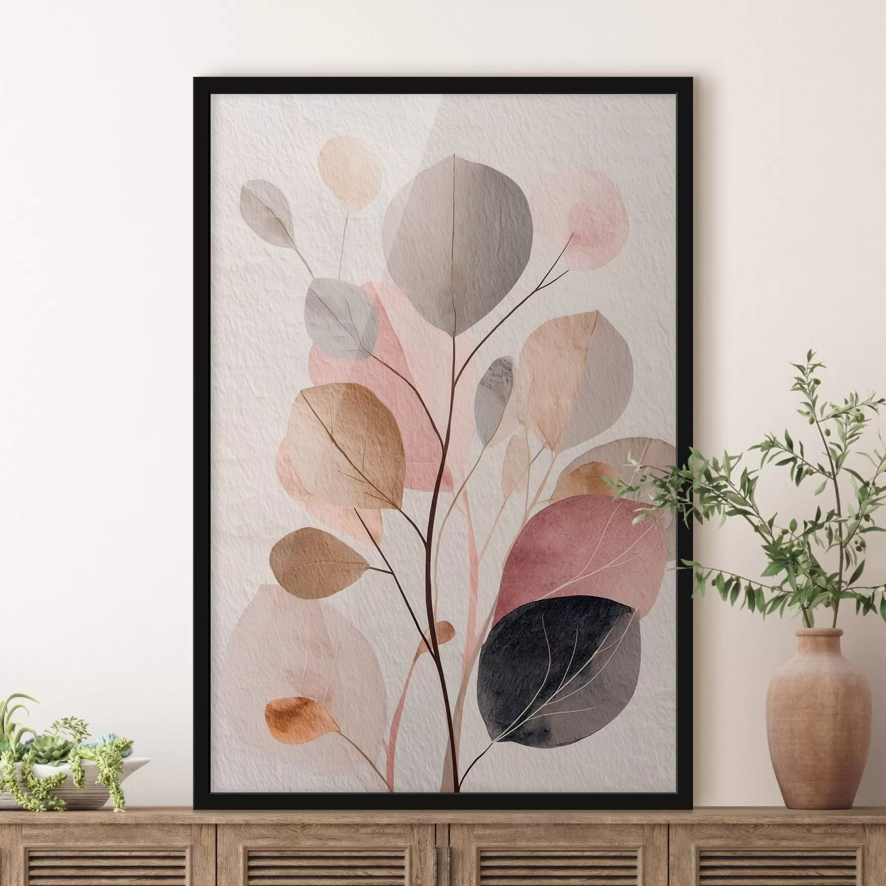 Fototapete Abstraktes Zweigmotiv mit runden Blättern in warmen Beige- und Korallentönen f48187