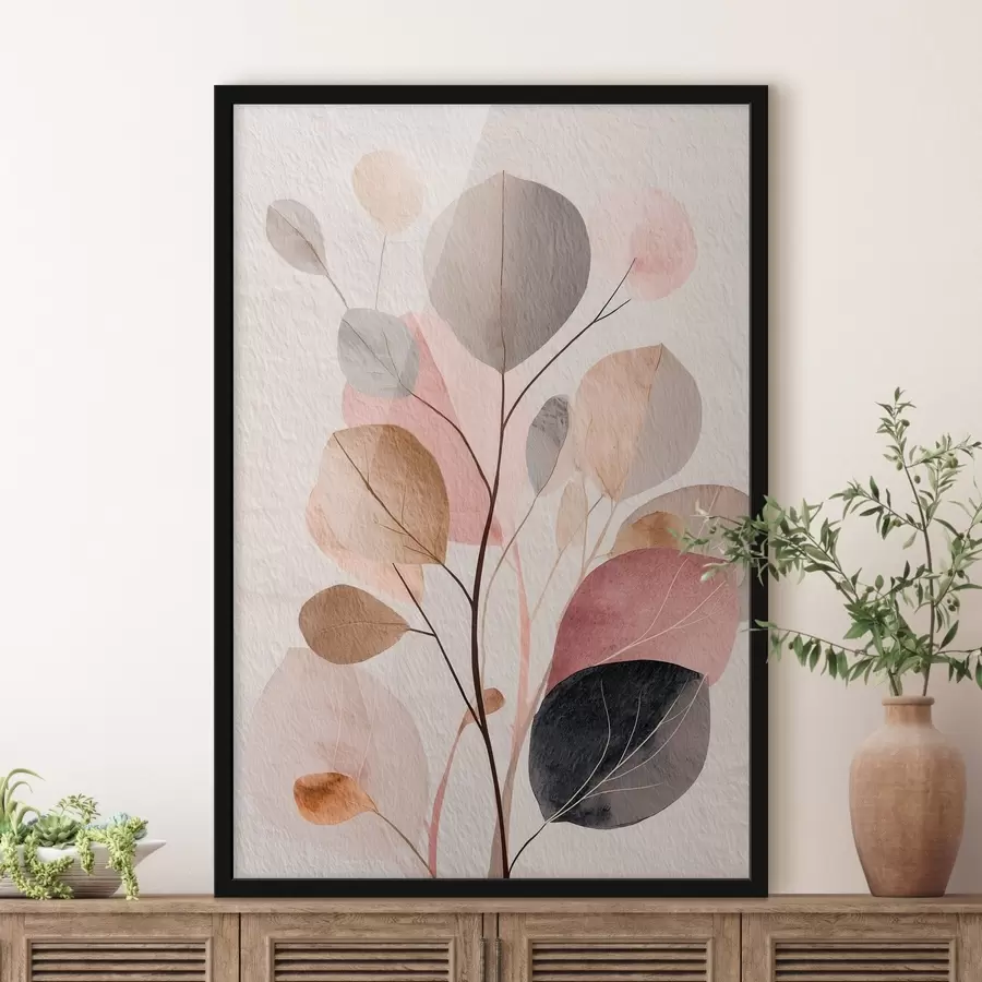 Fototapete Abstraktes Zweigmotiv mit runden Blättern in warmen Beige- und Korallentönen f48187