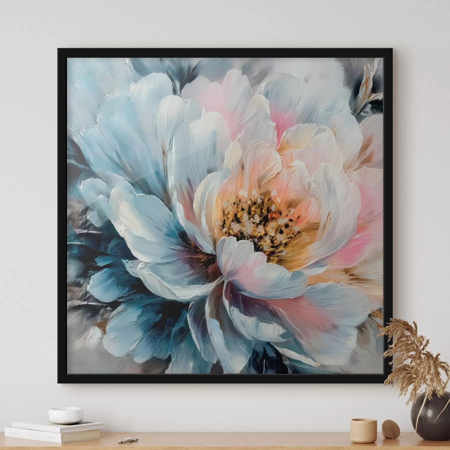 Fototapete Große Pfingstrose mit ausdrucksstarken, strukturierten Pinselstrichen im zeitgenössischen Malstil f48197