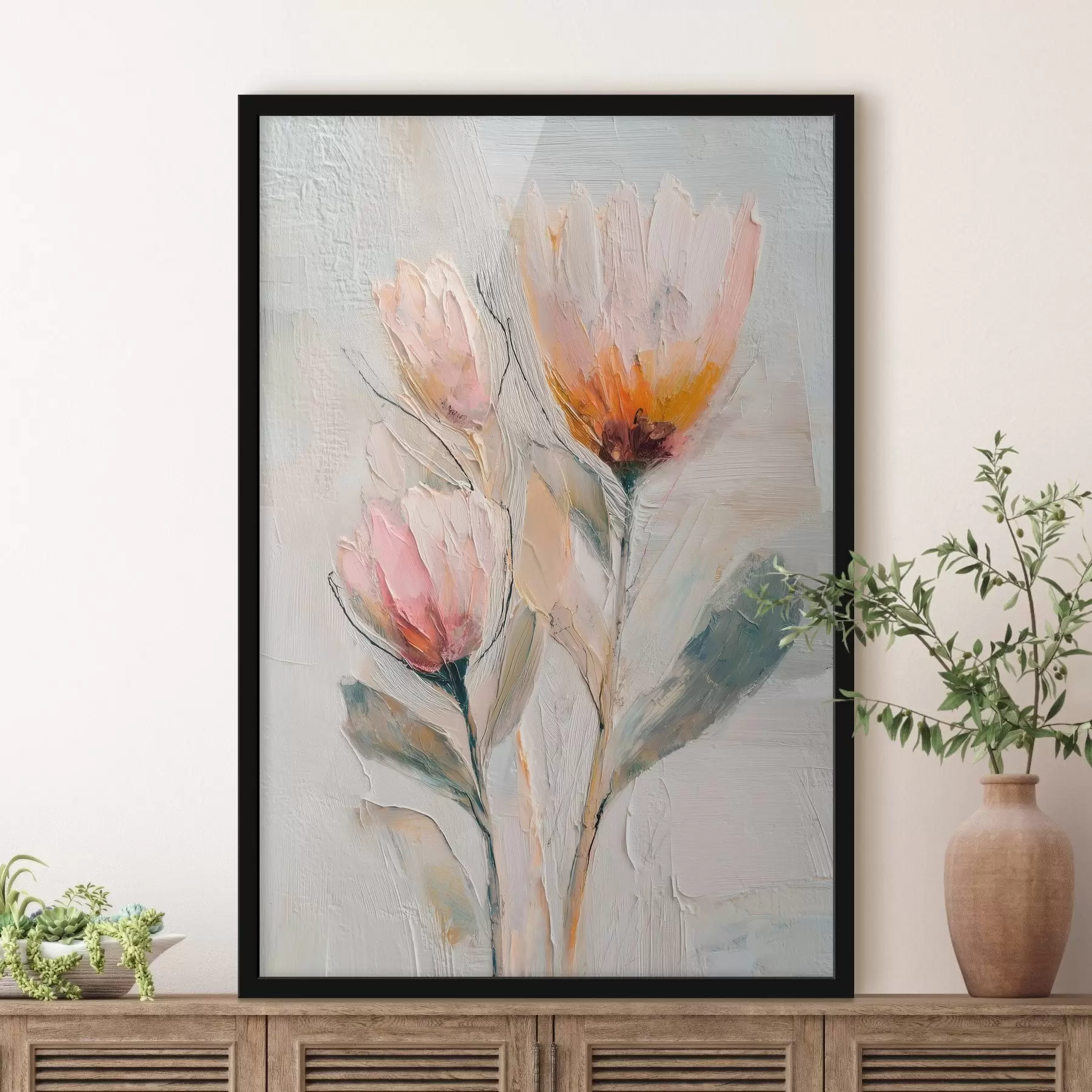 Fototapete Strauß aus Proteablumen mit kräftigem Pinselstrich-Effekt f48206