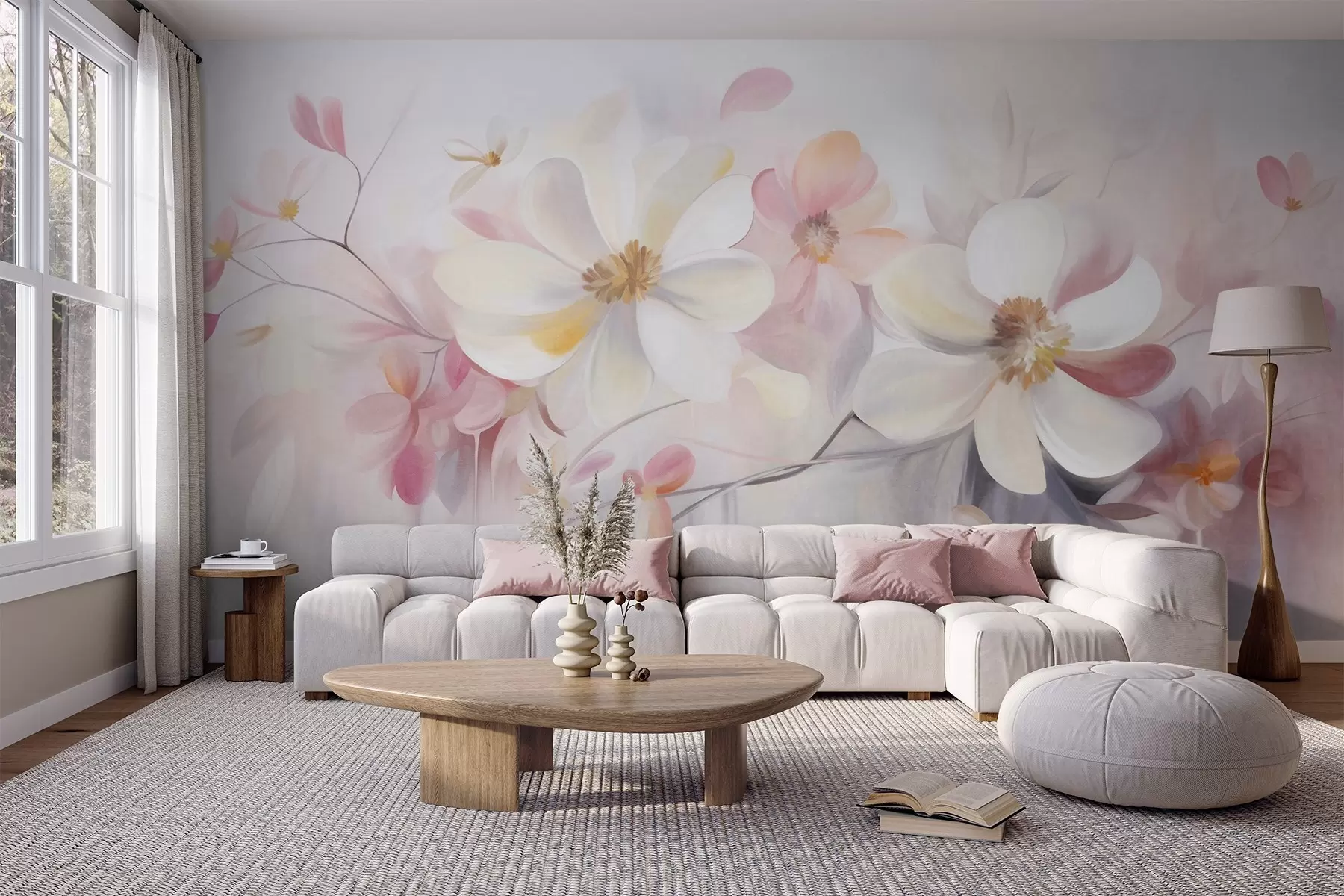 Fototapete Weiße und rosa Blumen mit zarten Blütenblättern, strukturierte Kunst, abstrakt, sanfter Hintergrund w09811
