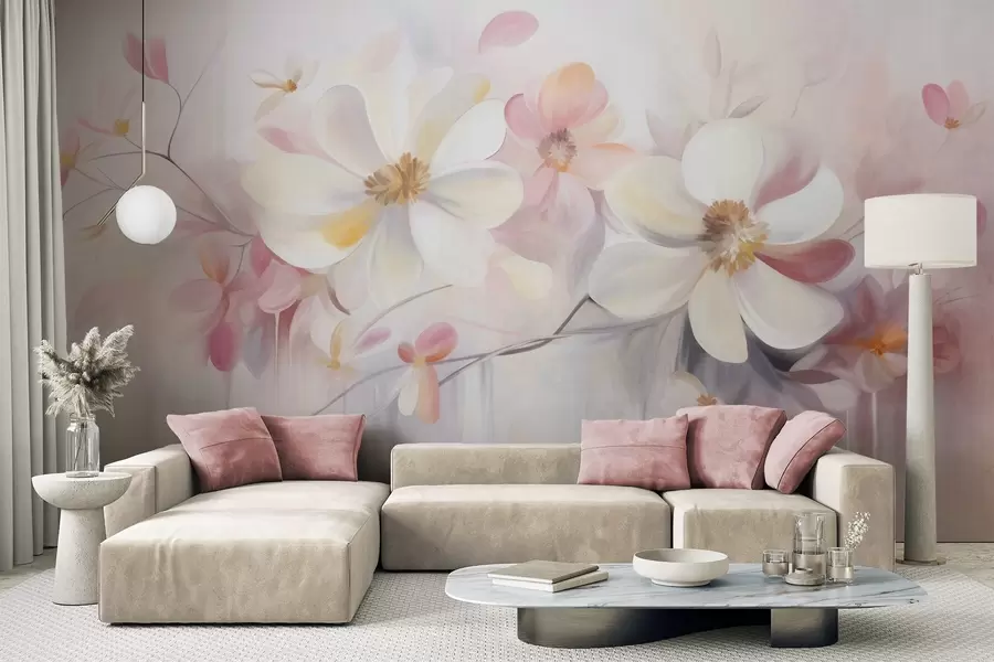 Fototapete Weiße und rosa Blumen mit zarten Blütenblättern, strukturierte Kunst, abstrakt, sanfter Hintergrund w09811