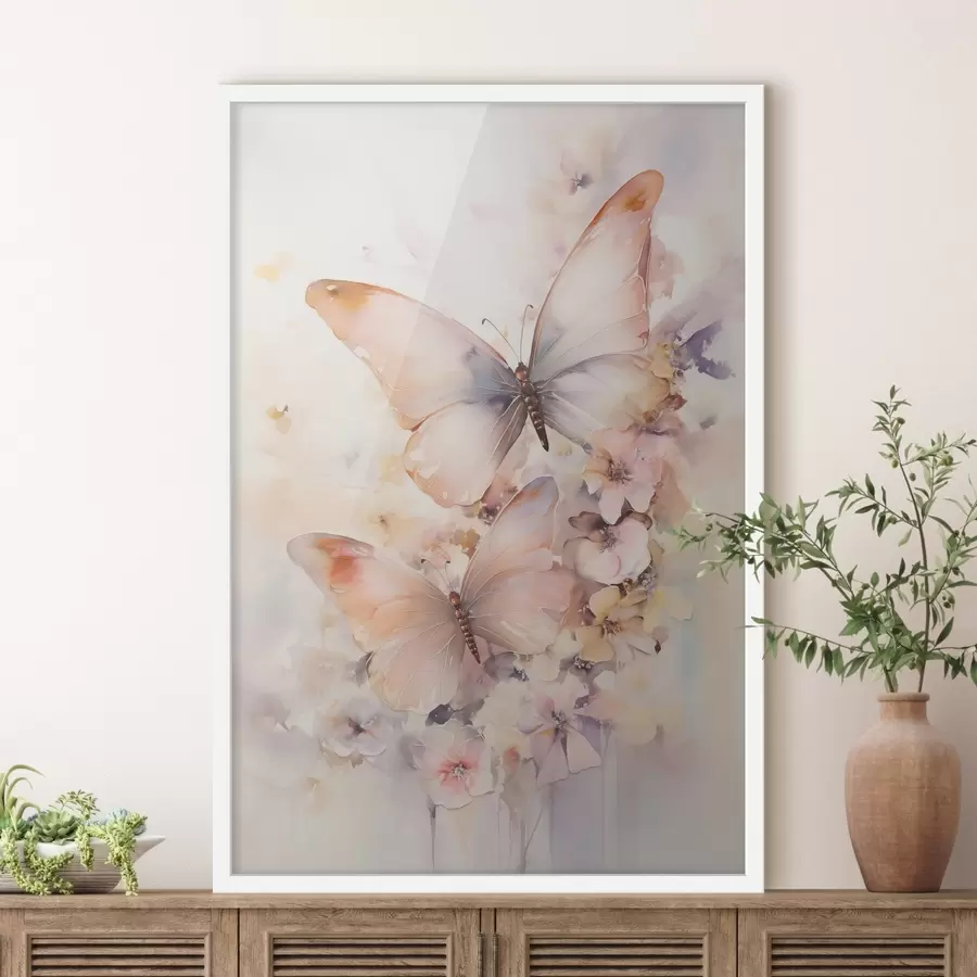 Fototapete Zarte Blumen mit Schmetterlingen, Pastellfarben f48563